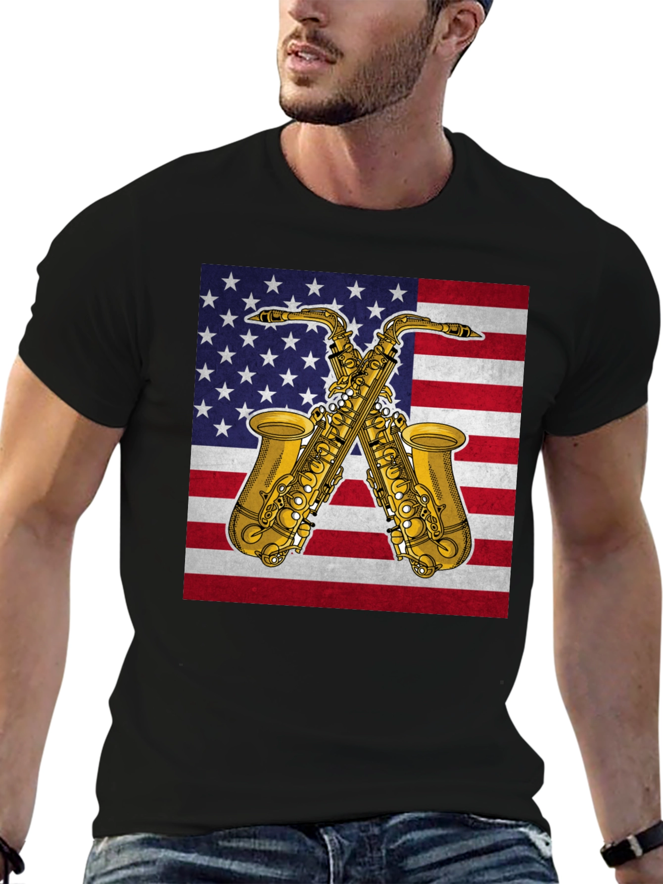 Black American Saxophone T-Shirt - Patriotic Music Tee view 6