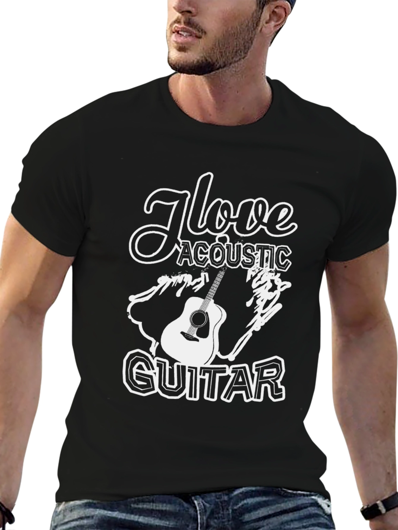 Black I Love Acoustic Guitar Black T-Shirt view 6
