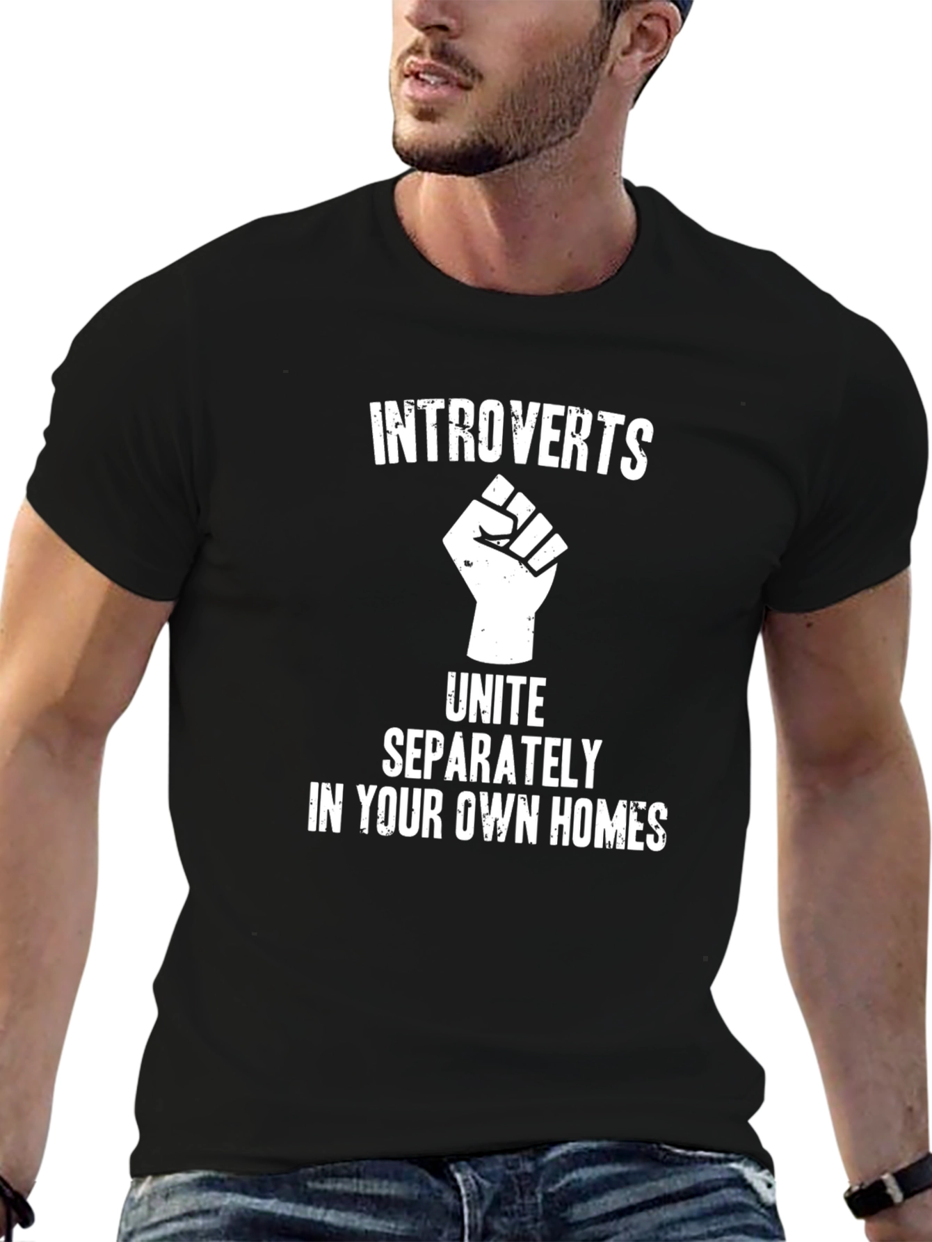 Black Introverts Unite T-Shirt -  Black Cotton Tee view 6
