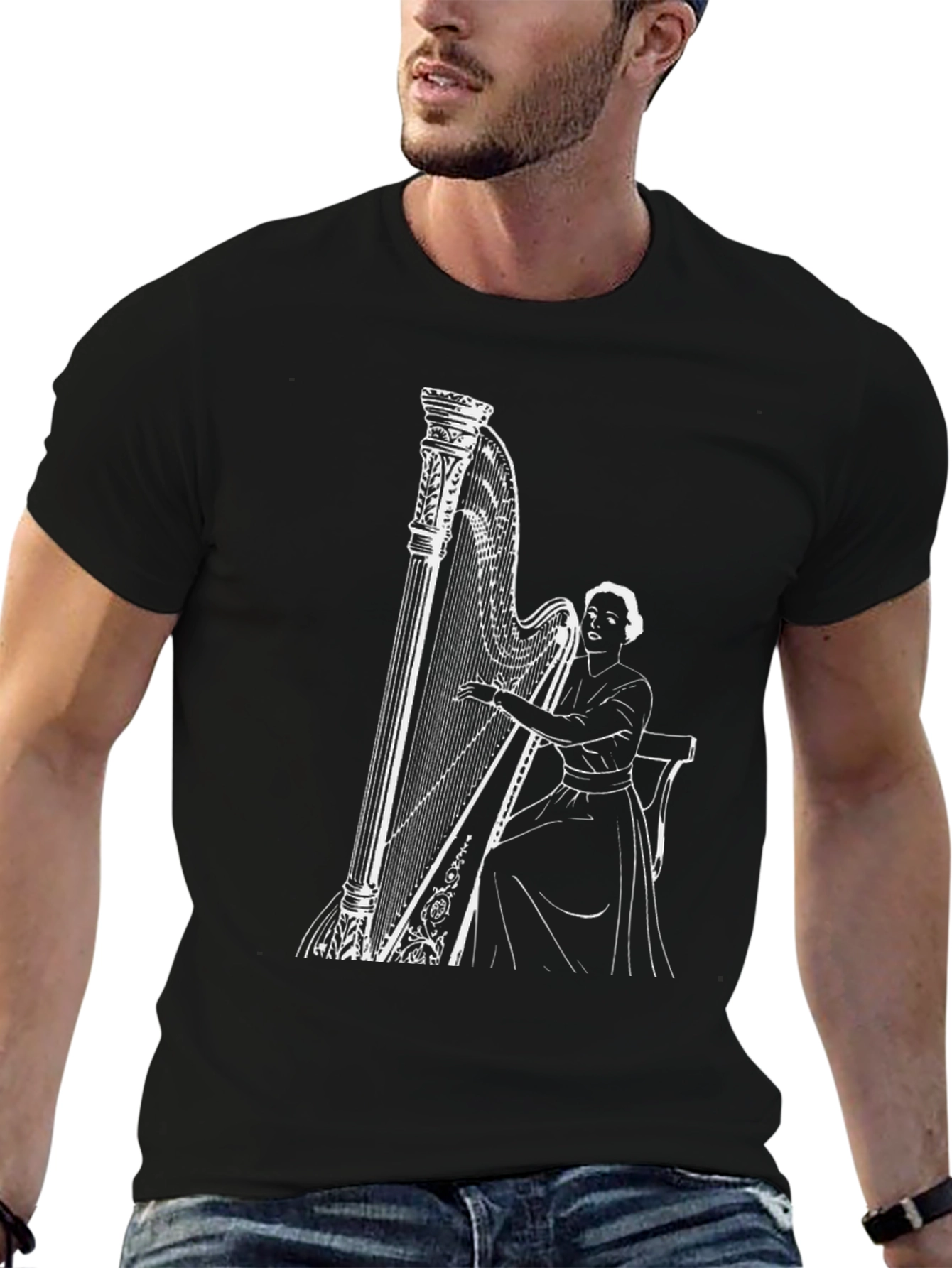 Elegant Harpist Graphic Tee - Black Cotton T-Shirt - 6