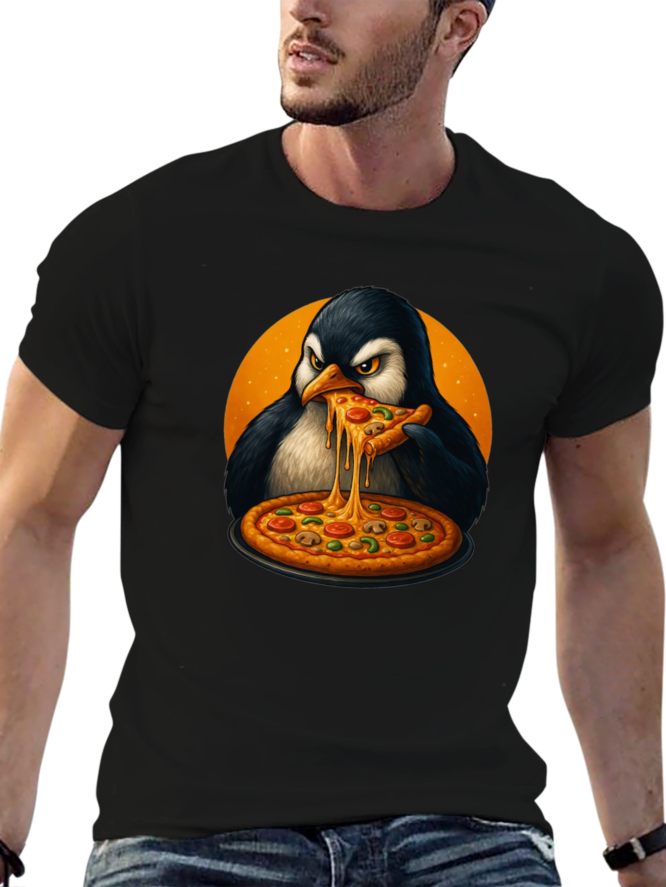 Black Penguin Pizza Lover T-Shirt - Cool Graphic Tee view 6