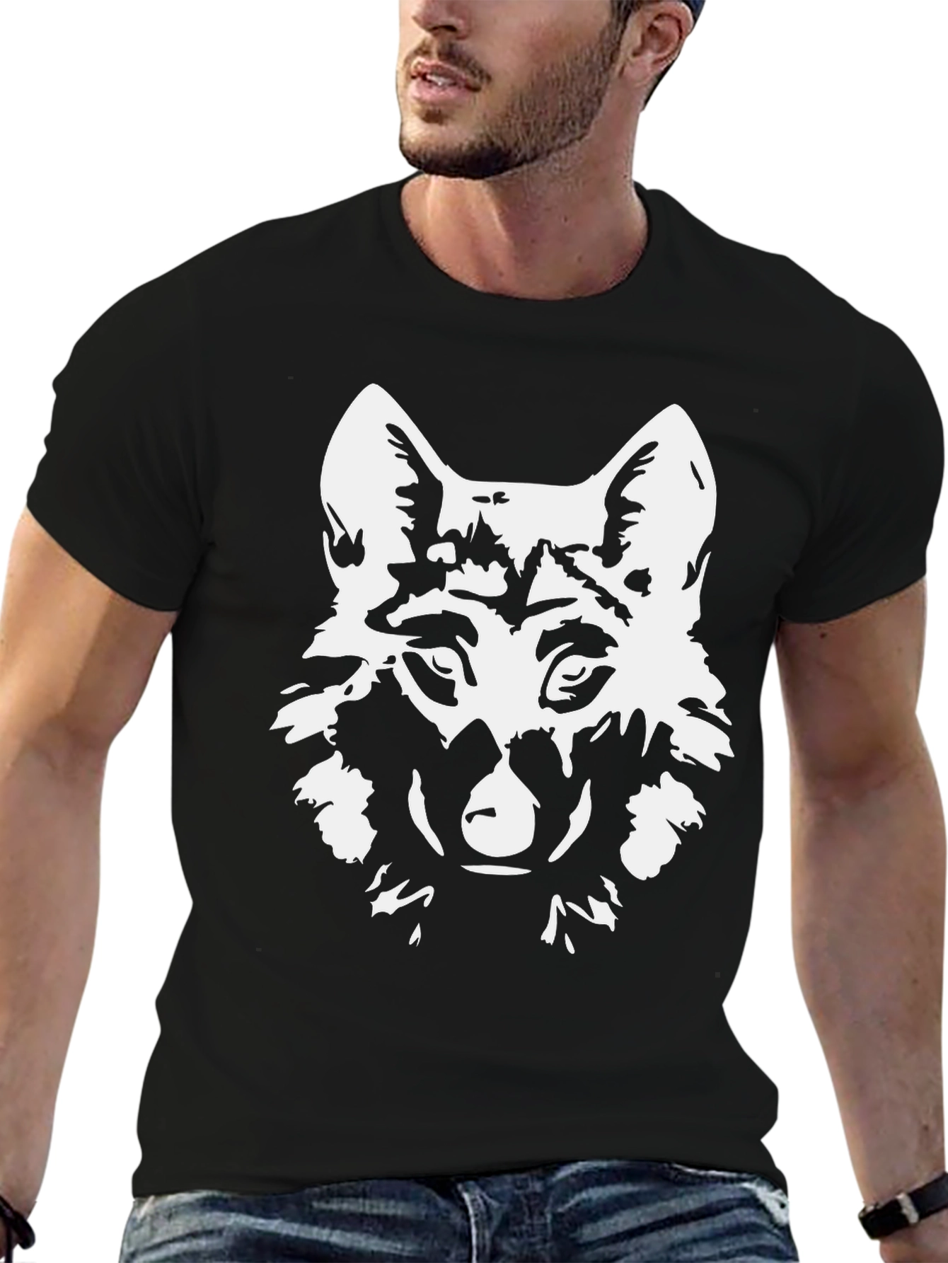 Black Men's Black Wolf Graphic T-Shirt view 6