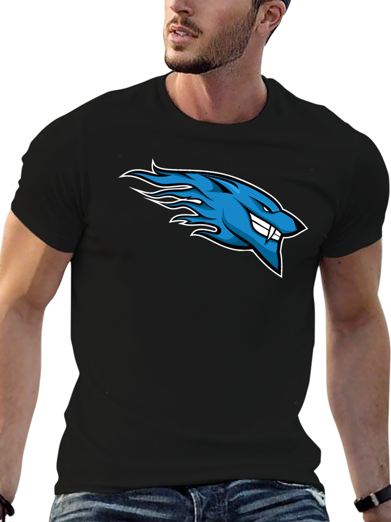 Black Men's Black T-Shirt with Blue Flaming Wolf Design view 6