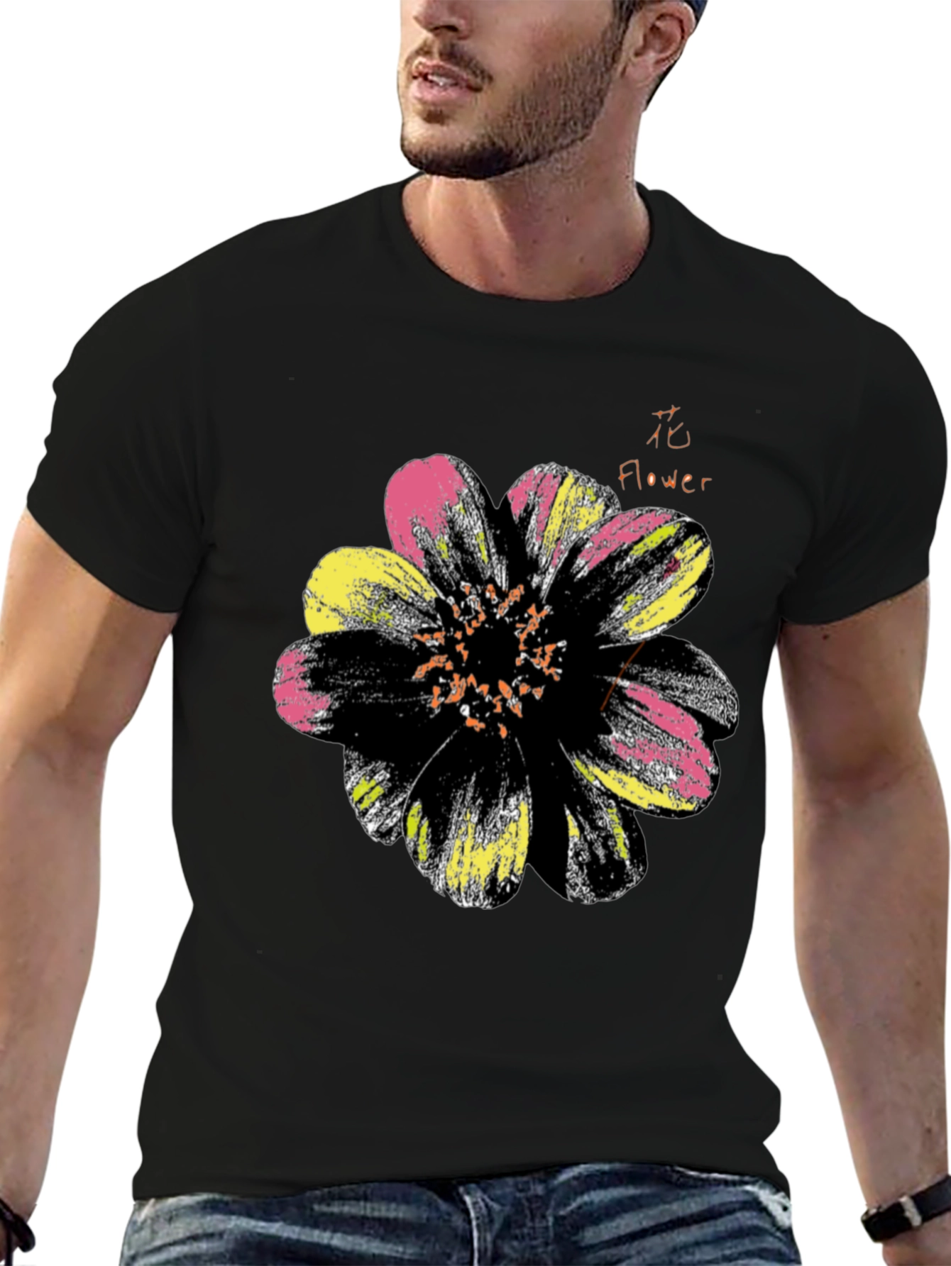Black Floral Graphic Print Men's Black T-Shirt view 6
