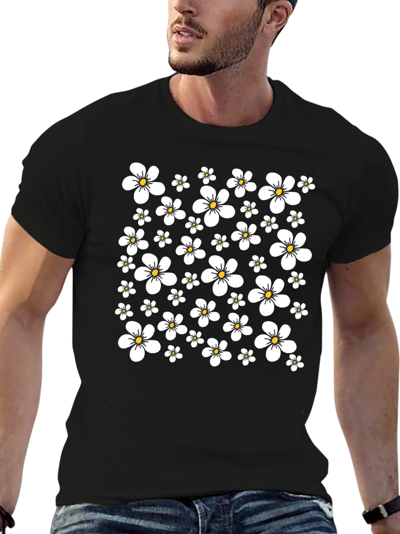Black Floral Print Black T-Shirt - Classic Casual Style view 6