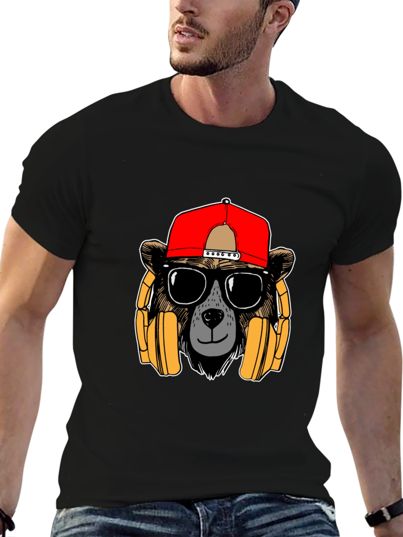 Black Bear with Headphones Graphic T-Shirt view 6