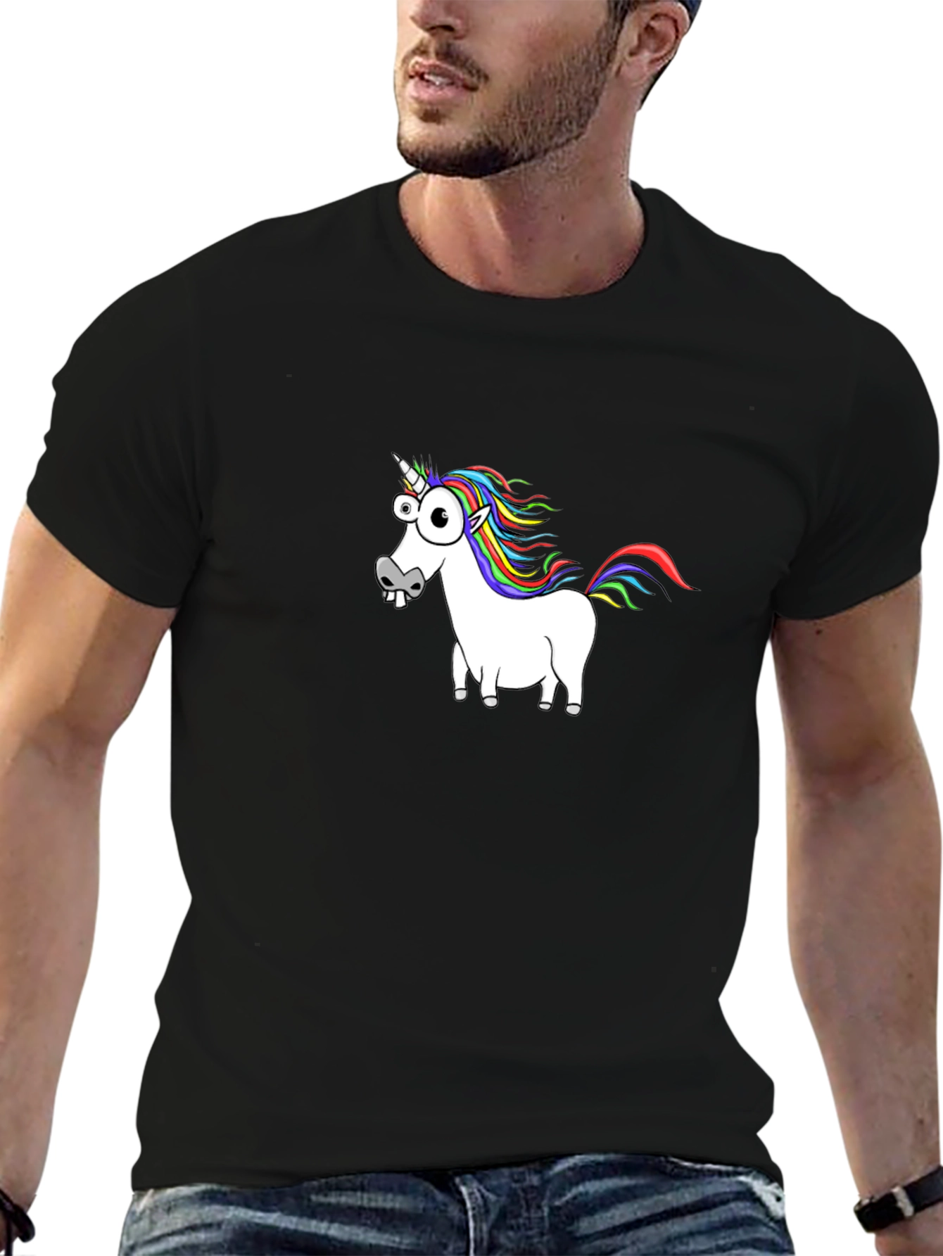 Black Funny Unicorn Graphic Tee - Black Cotton Casual T-Shirt view 6