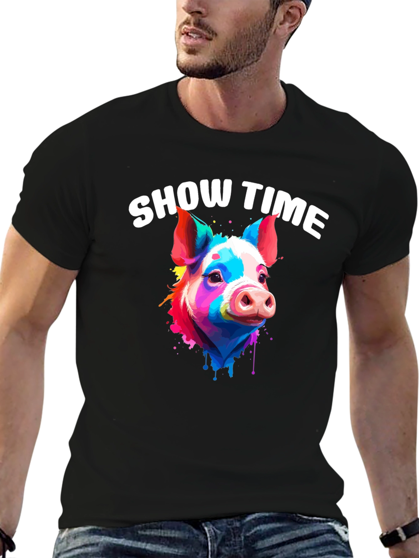 Black Show Time Pig T-Shirt: Colorful Animal Graphic Tee view 6
