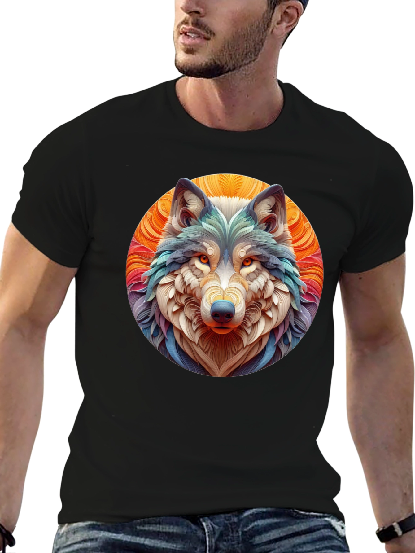 Black Wolf Art Graphic Tee - Black Cotton T-Shirt view 6