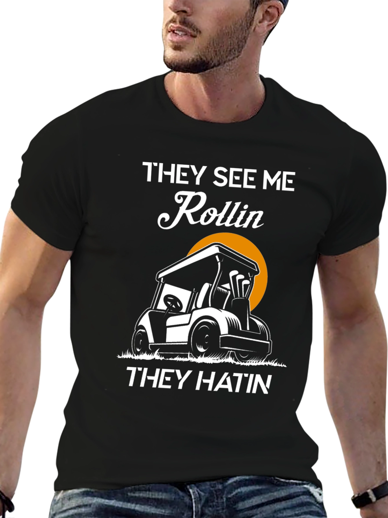 Black Golf Cart Humor T-Shirt - Rollin' They Hatin' view 6