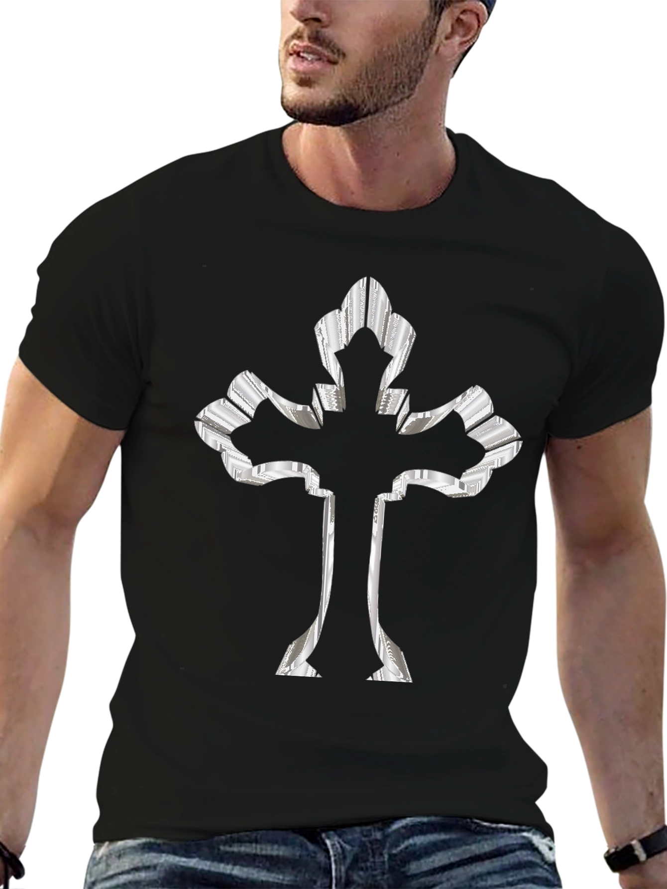 Black Black Tee with 3D Silver Cross view 6