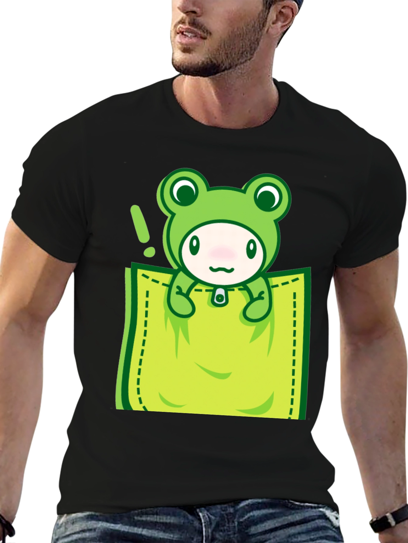 Black Cute Frog Pocket T-Shirt - Fun Graphic Tee view 6