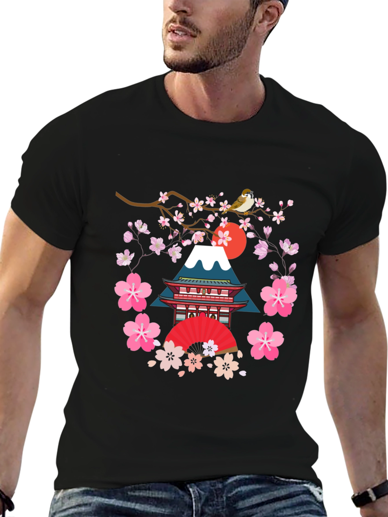Black Japanese Art T-Shirt - Bird, Blossoms, and Mountain view 6