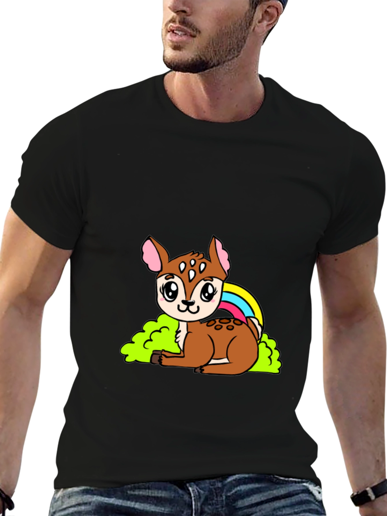 Black Cute Deer Cartoon Graphic Black T-Shirt view 6