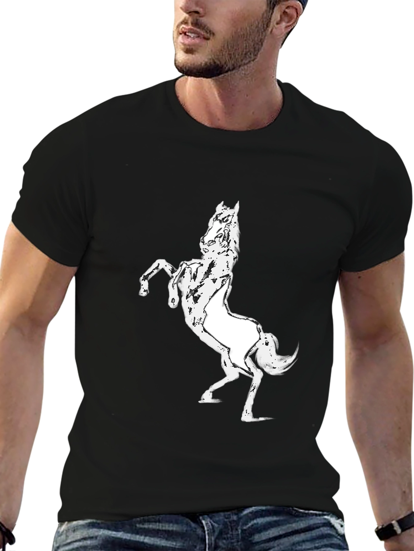 Black Black T-Shirt with White Horse Graphic view 6