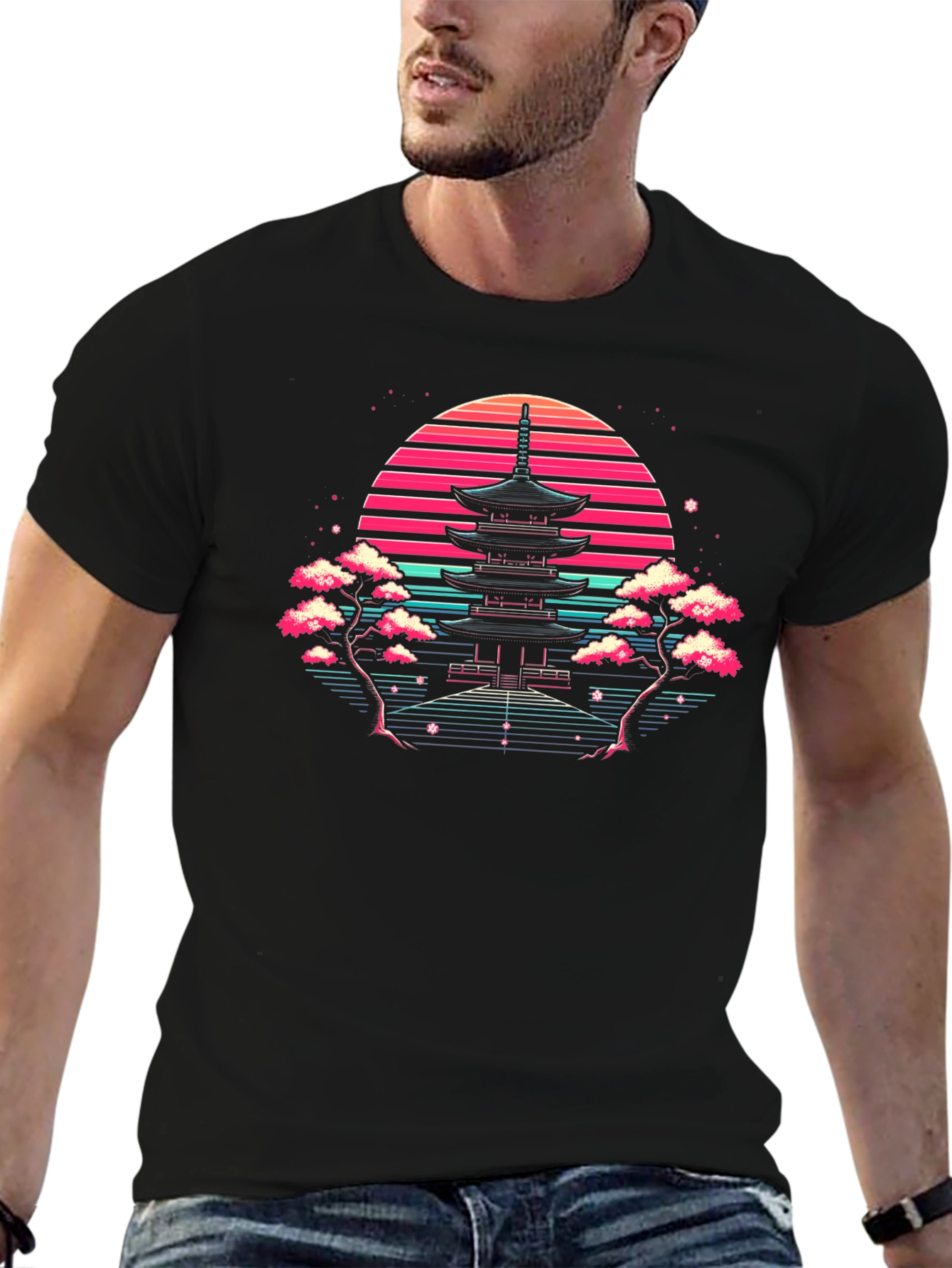Black Retro Japanese Temple Sunset T-Shirt view 6
