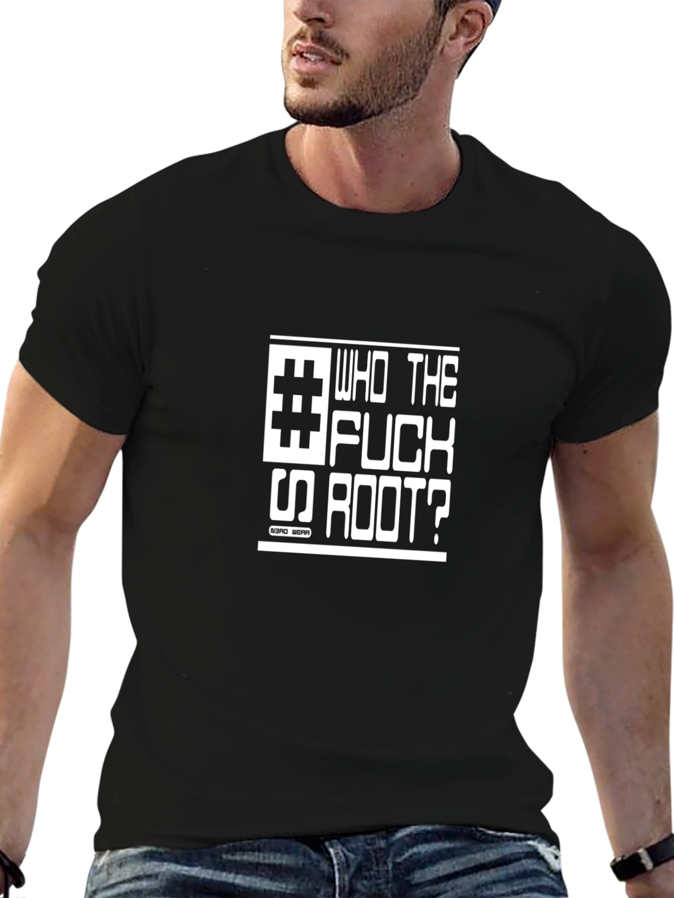 Black Who The F*ck is Root? T-Shirt view 6