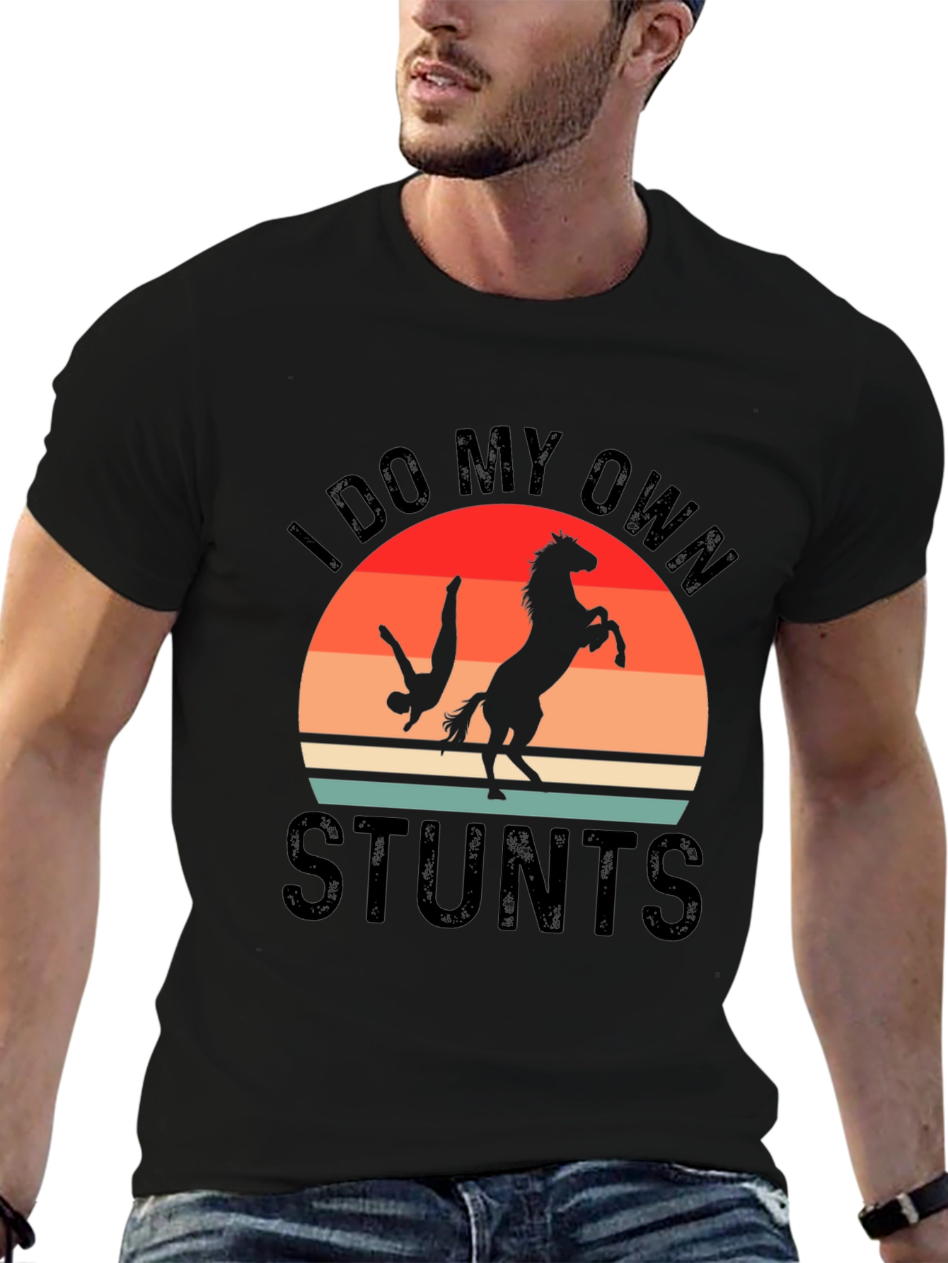 Black I Do My Own Stunts T-Shirt Horse Riding Funny Gift view 6