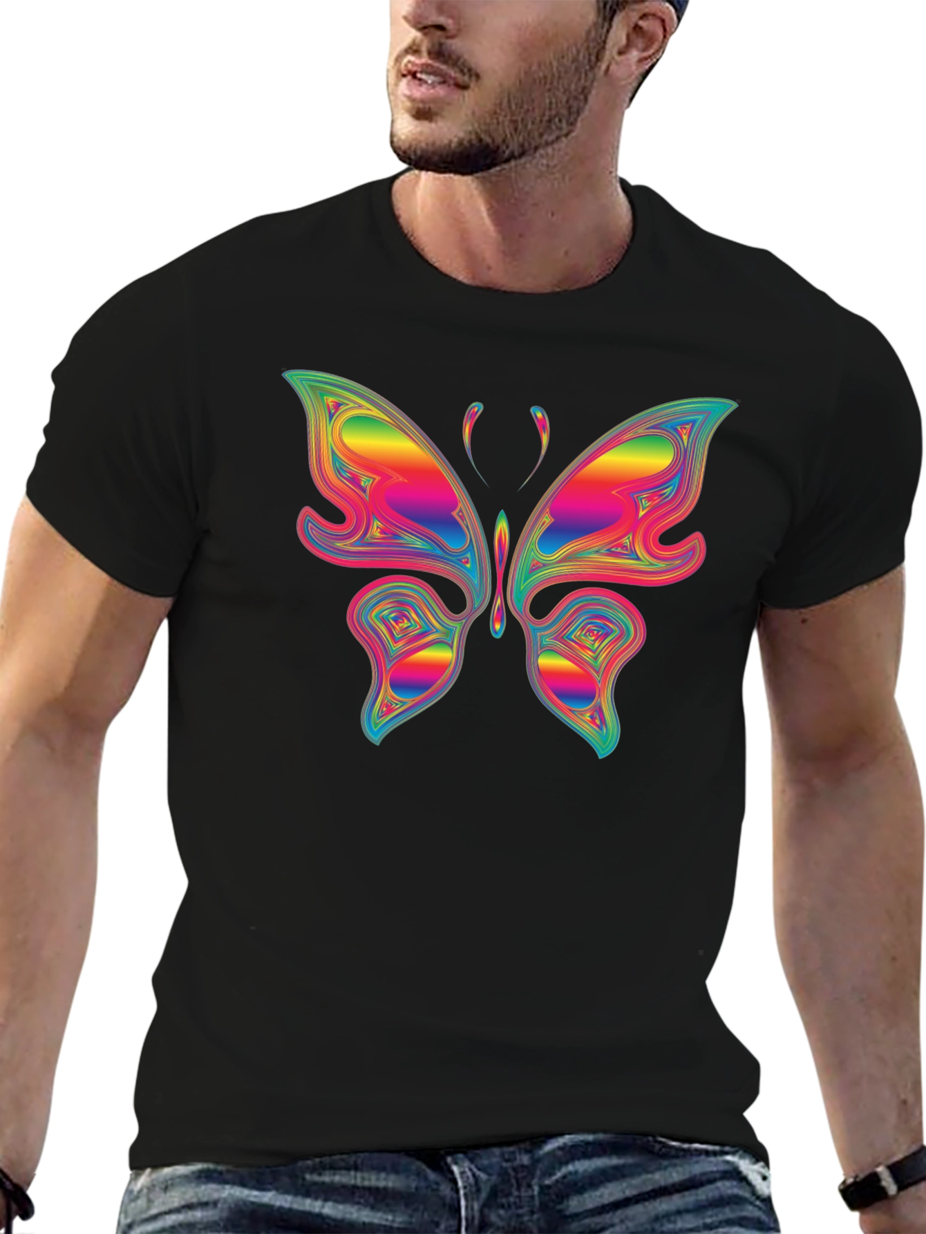 Black Rainbow Butterfly Graphic T-Shirt - Unique Colorful Tee view 6