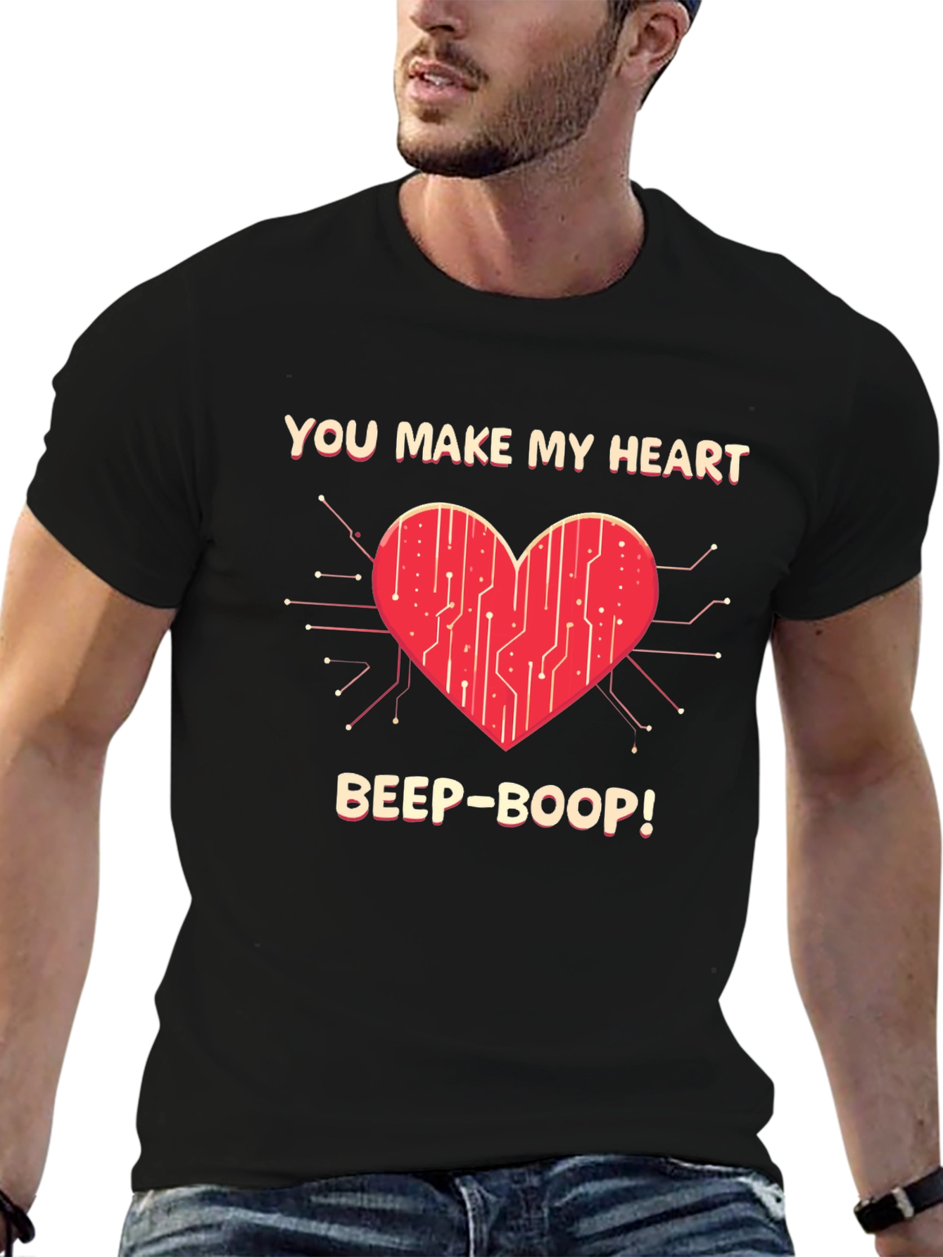 Black You Make My Heart Beep Boop Valentine's Day T-Shirt view 6