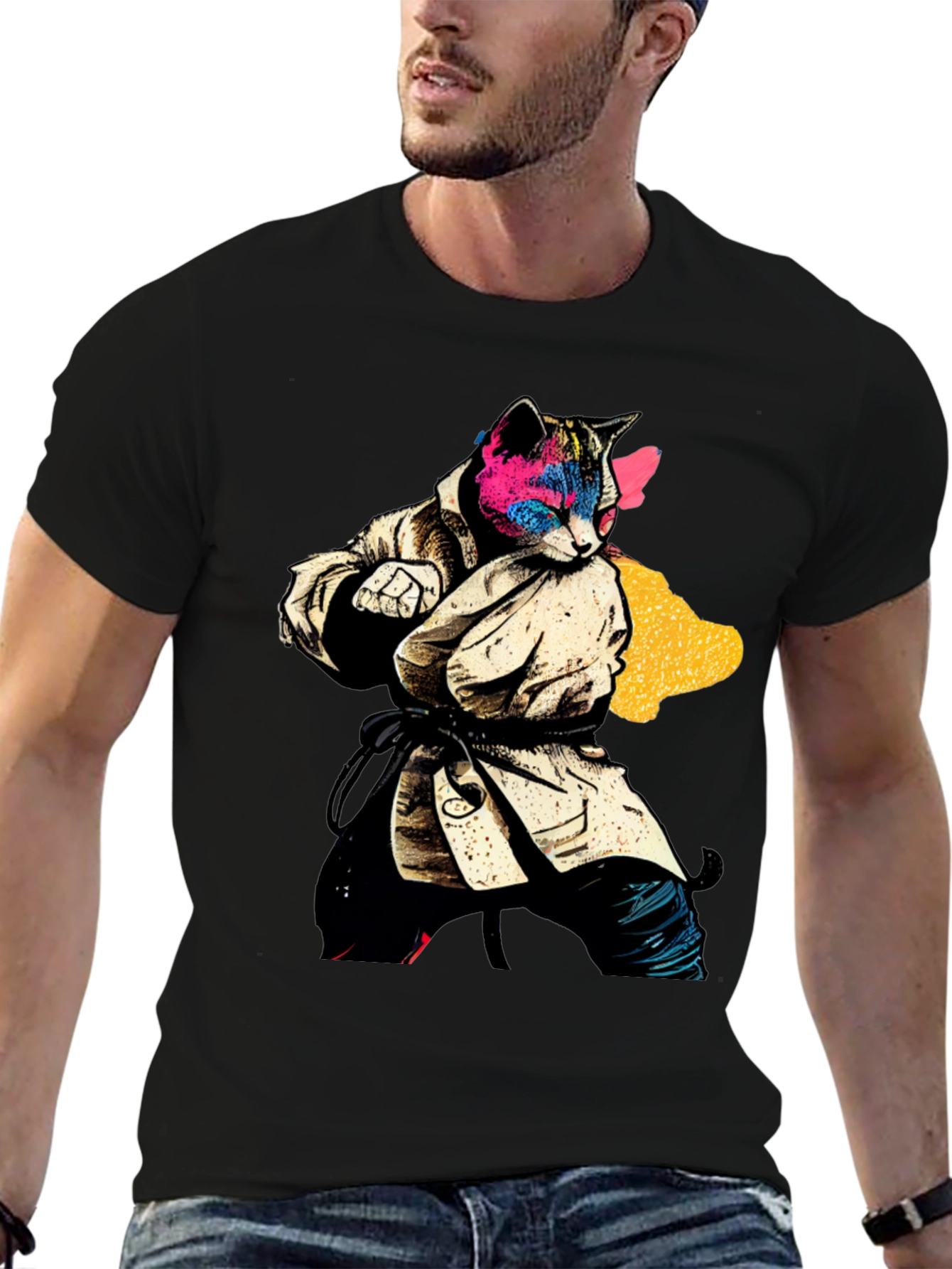 Black Karate Cat T-Shirt - Unique Graphic Tee view 6