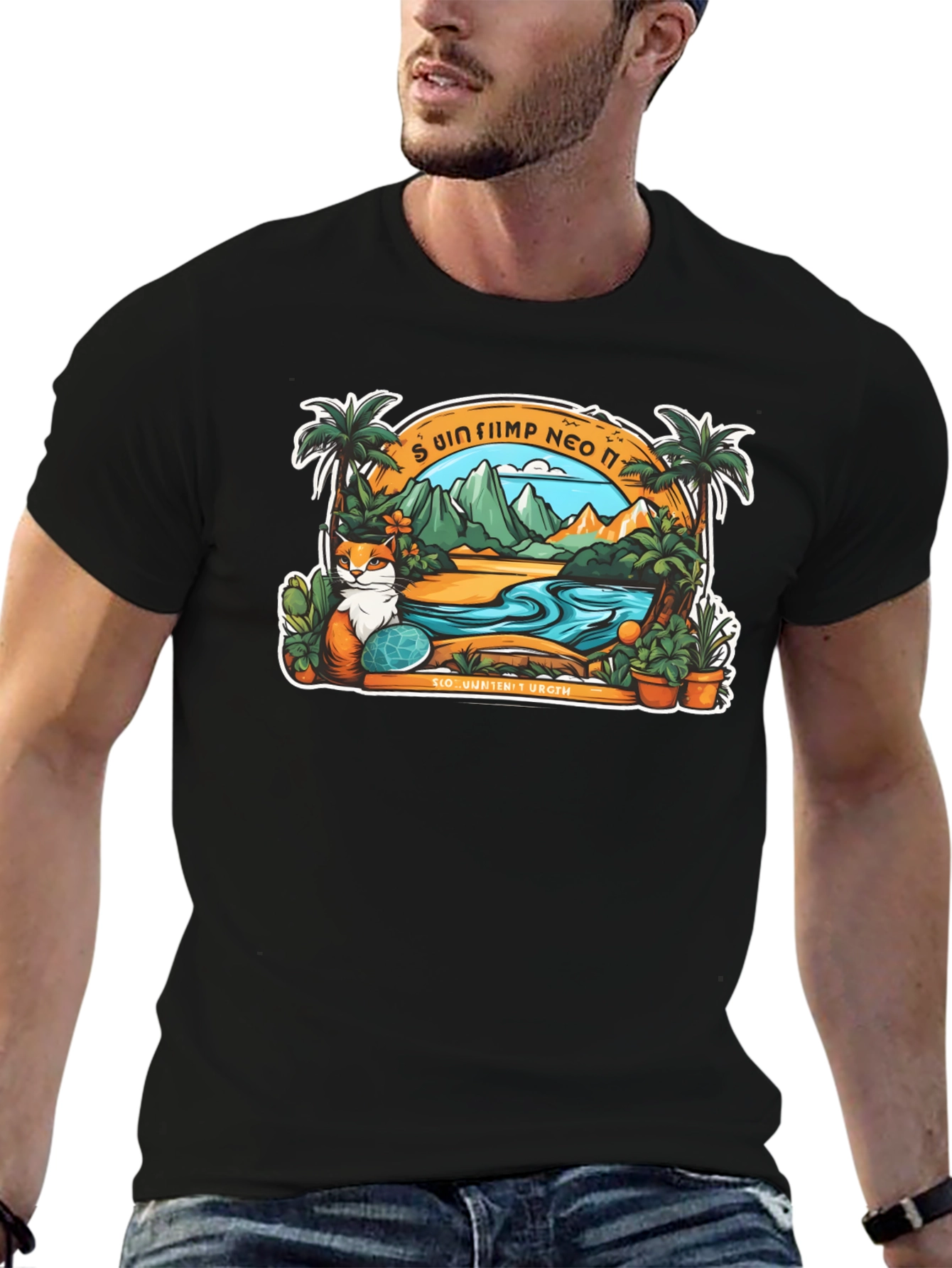 Black Tropical Cat Paradise Black T-Shirt view 6