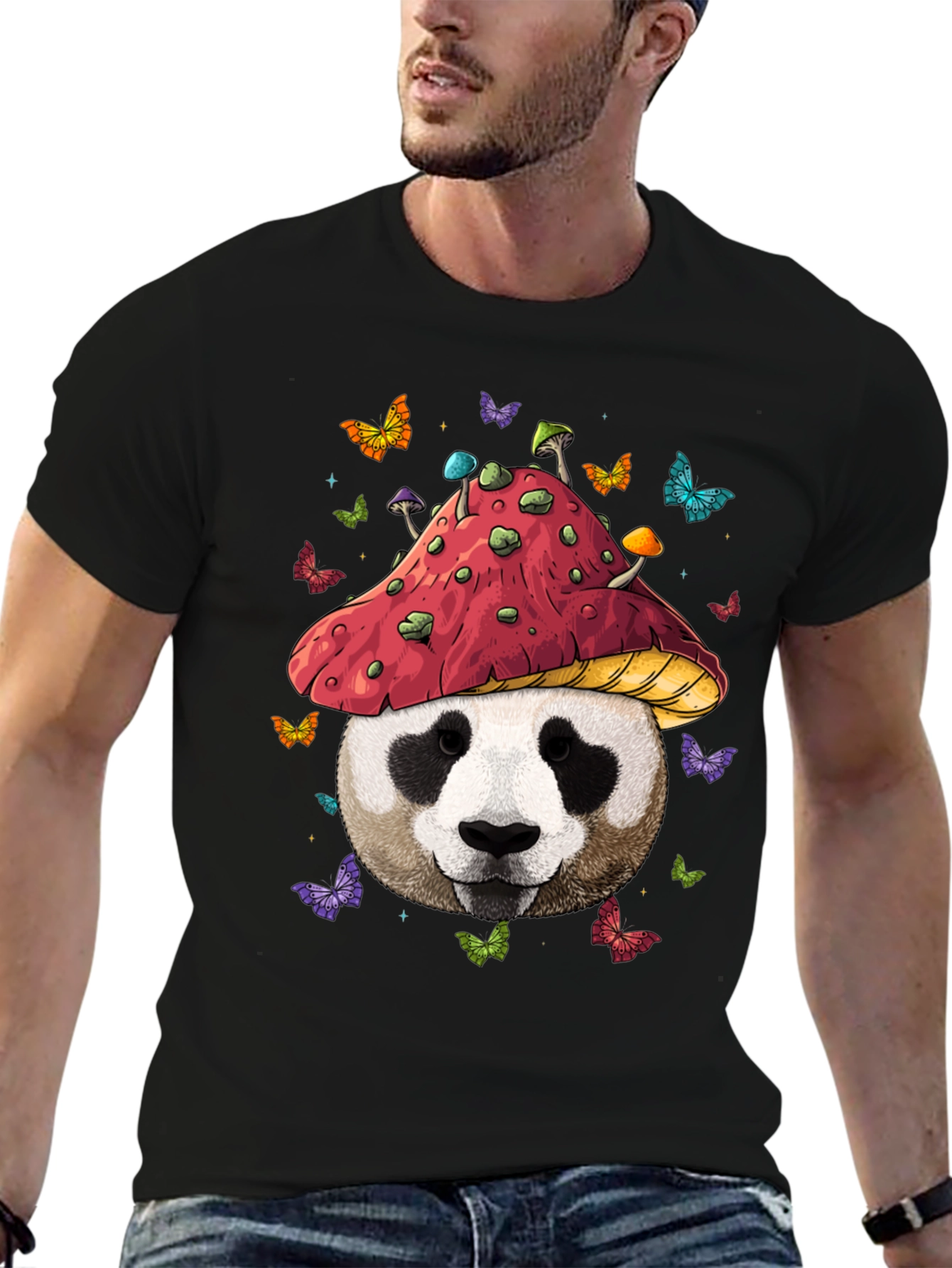 Black Panda Mushroom T-Shirt - Whimsical Graphic Tee view 6