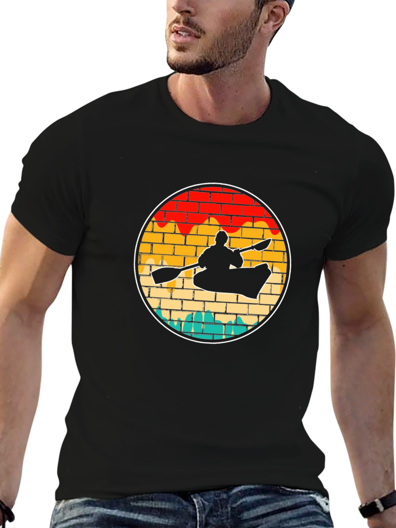 Black Kayaking Sunset Retro T-Shirt view 6