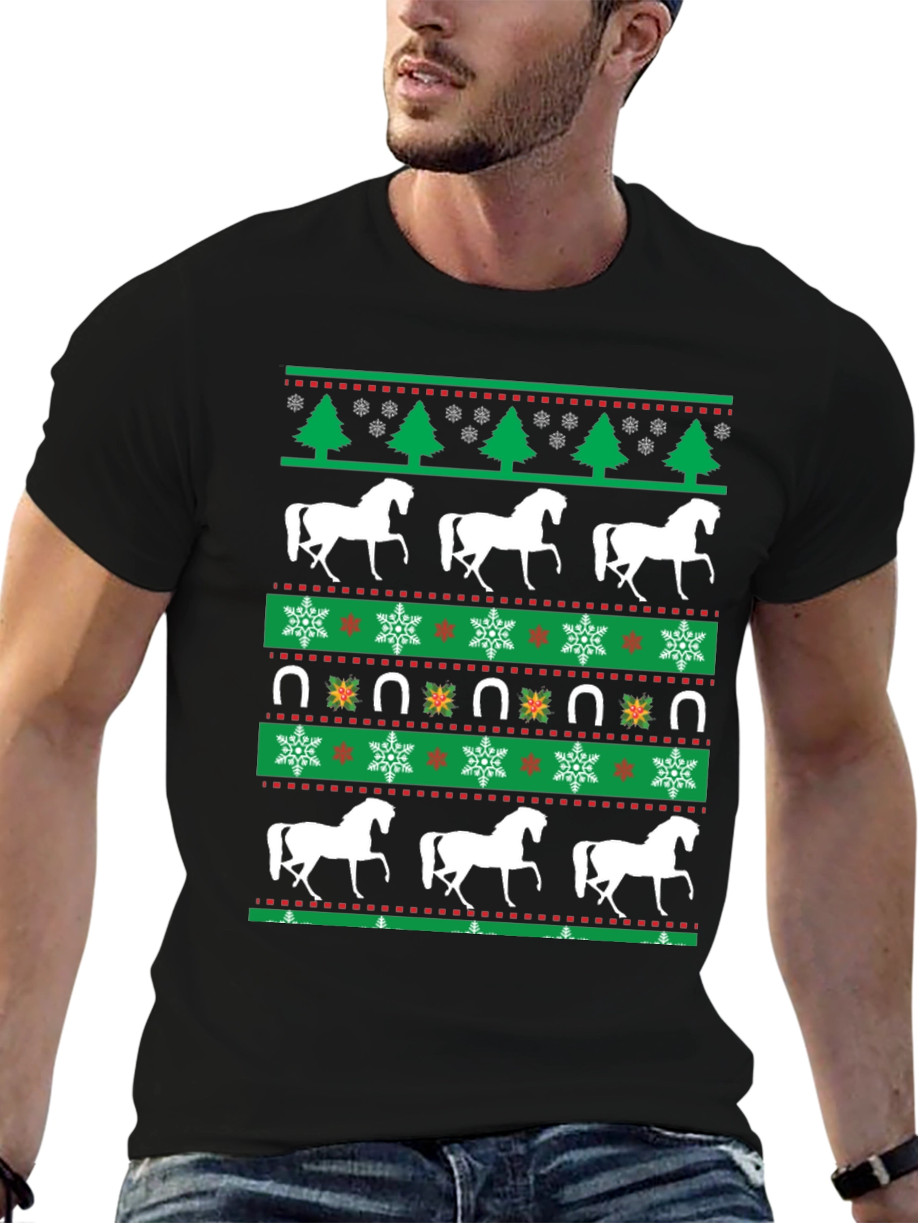 Black Horse Christmas T-Shirt: Holiday Equestrian Style view 6