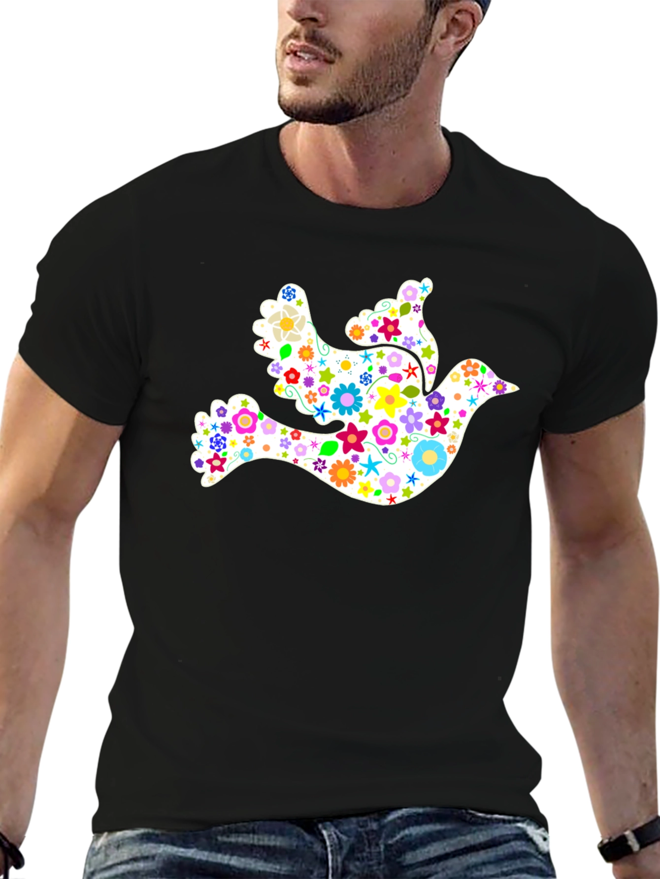 Black Floral Dove Graphic Black T-Shirt view 6