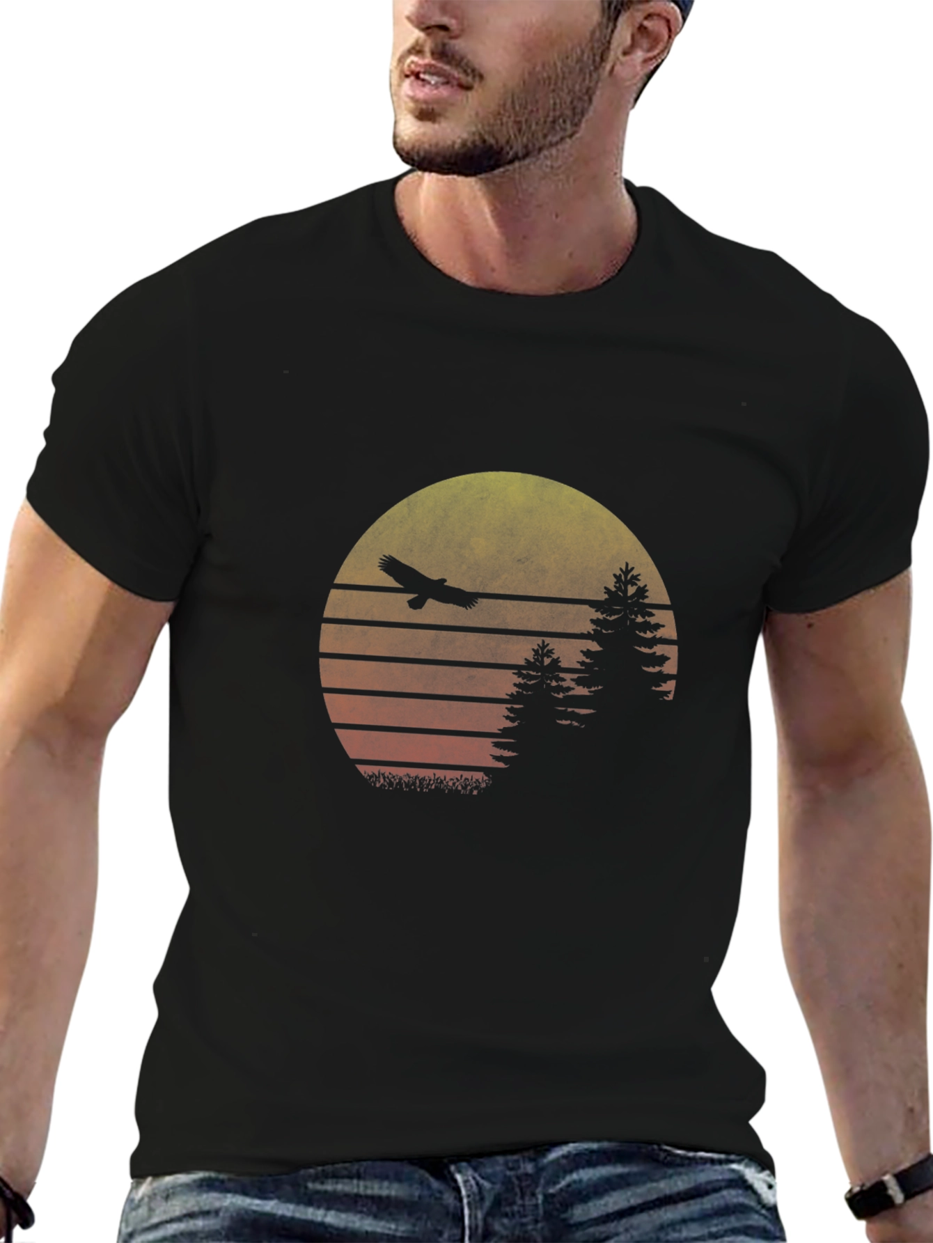 Black Retro Sunset Eagle Graphic Tee - Black Cotton Blend view 6