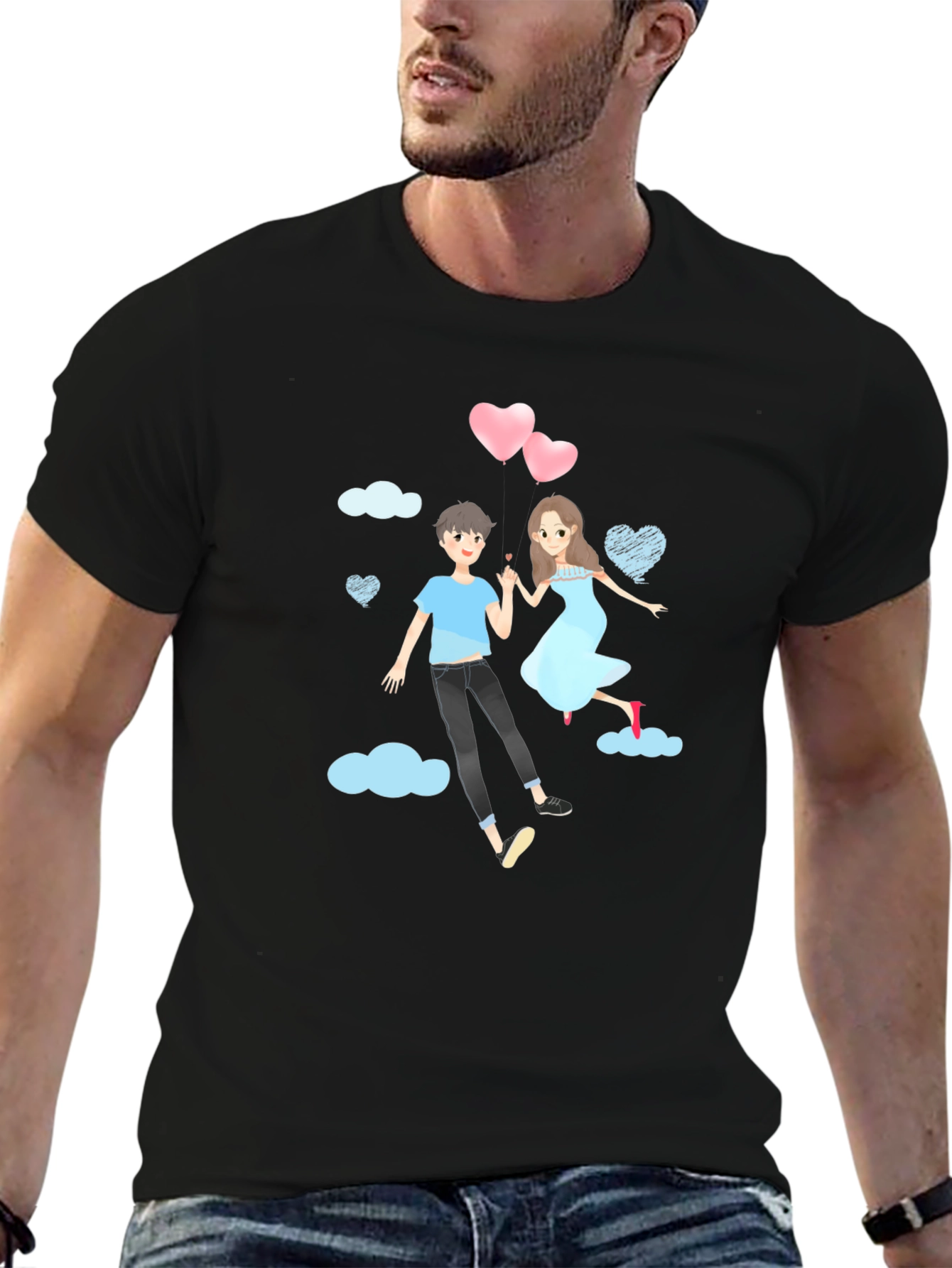Black Romantic Couple Cartoon Graphic T-Shirt view 6