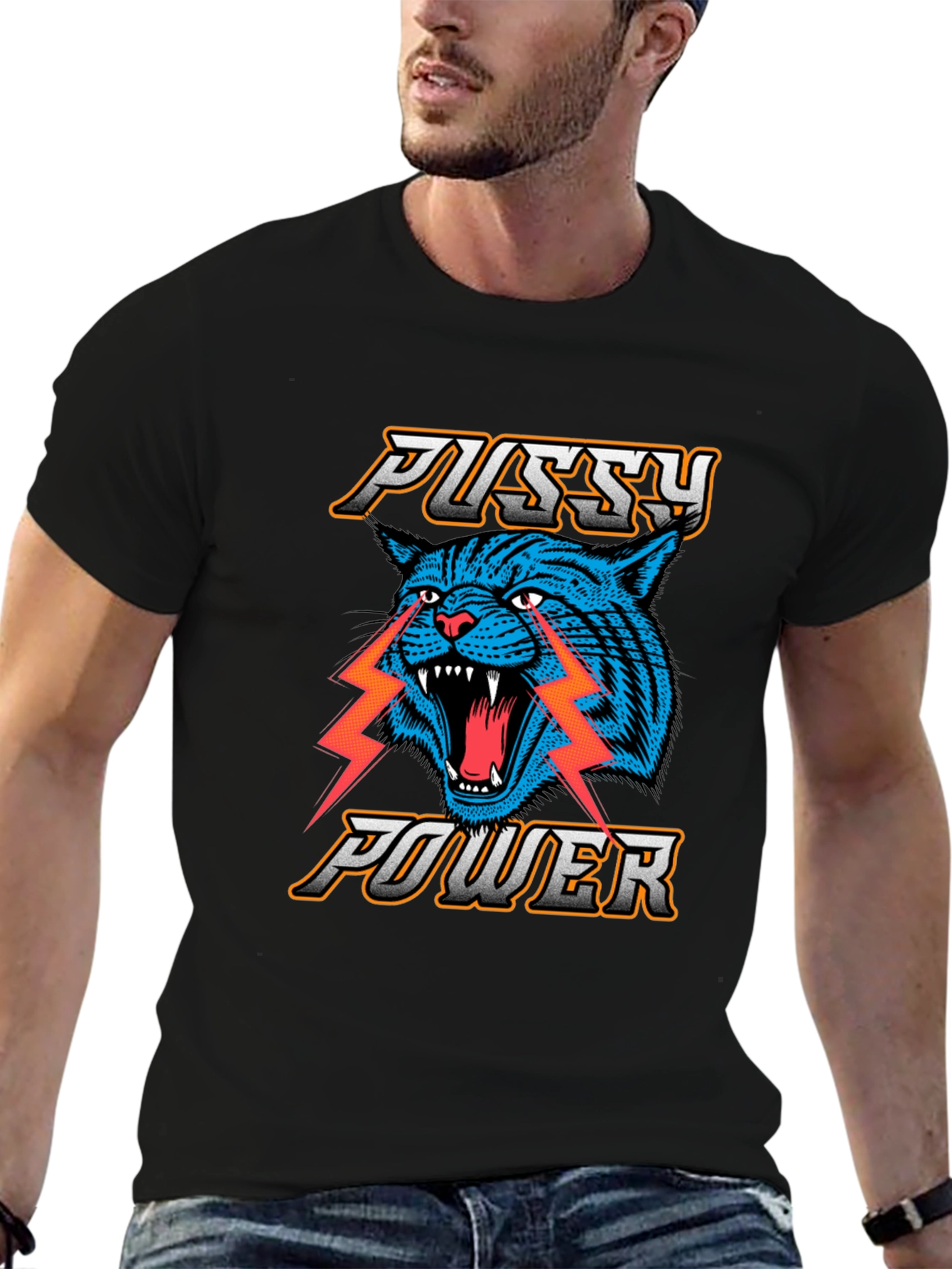 Black Pussy Power Graphic Tee - Blue Cat Lightning view 6