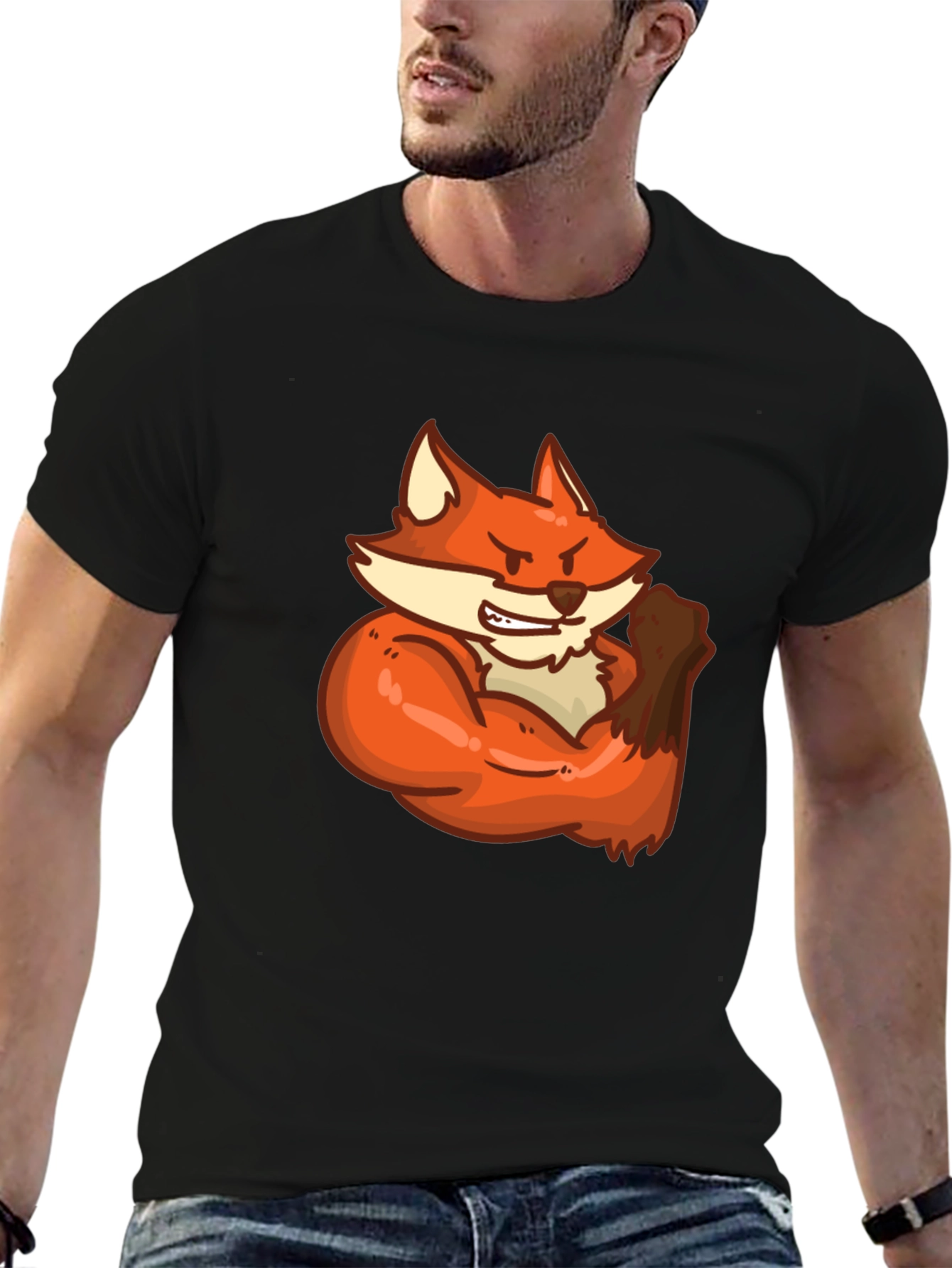 Black Black T-Shirt with Muscular Fox Graphic view 6