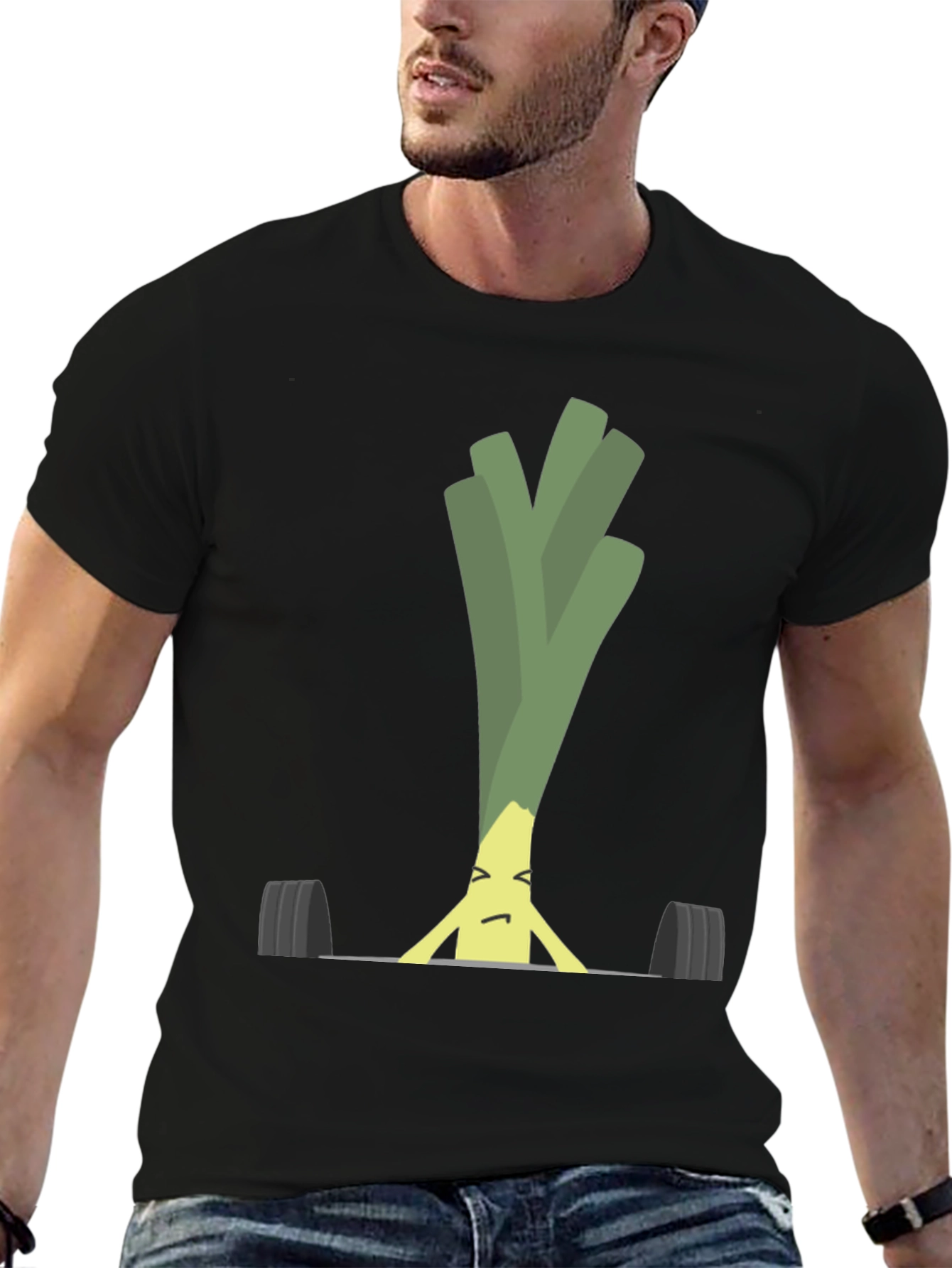 Black Funny Leek Lifting Weights Graphic Tee view 6