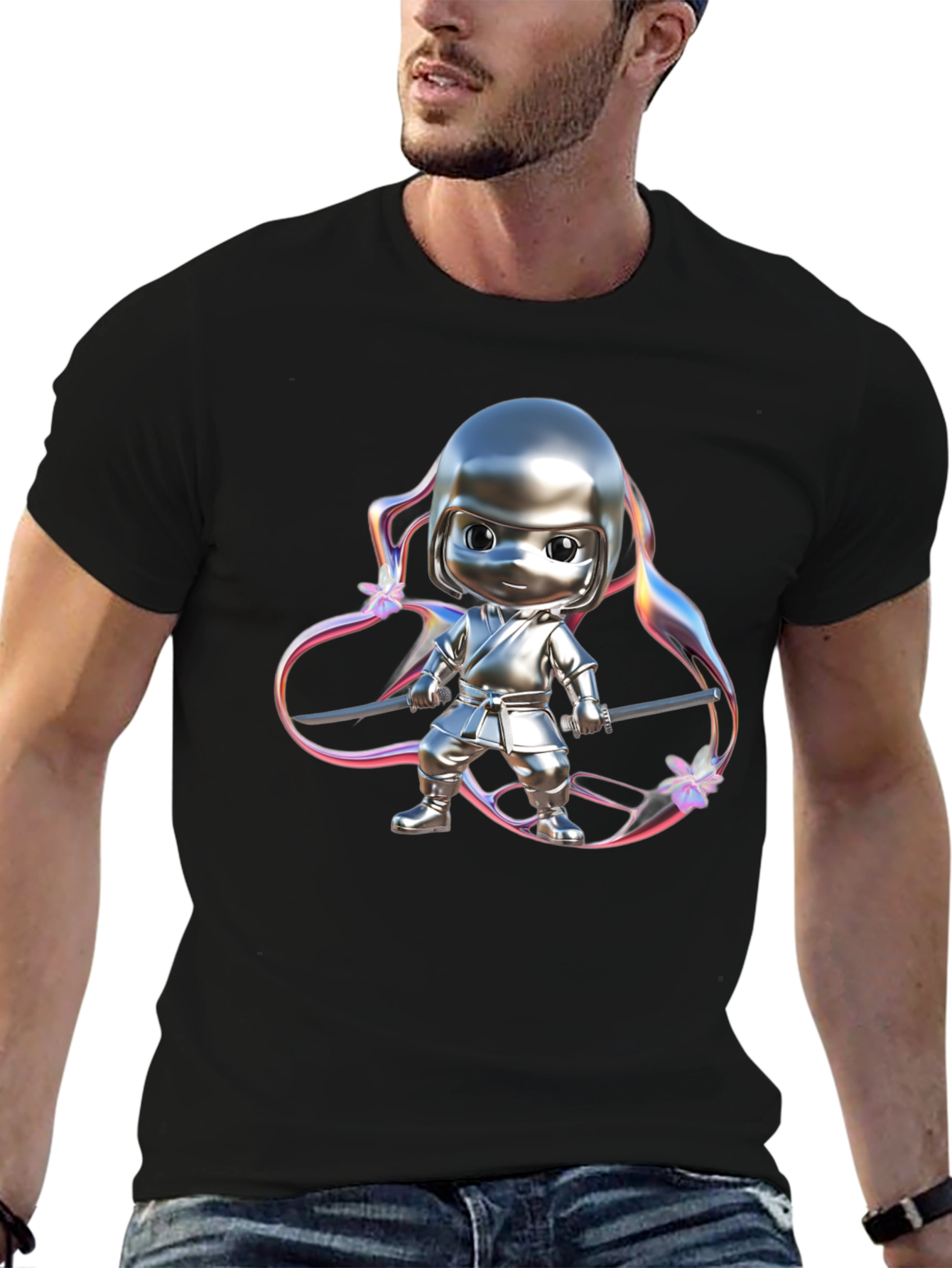 Black Ninja Cartoon Graphic Black T-Shirt view 6