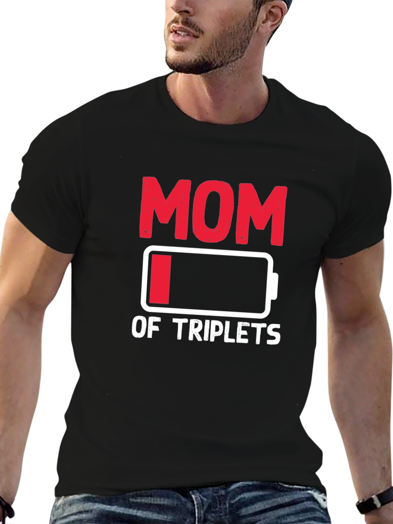 Black Funny Mom of Triplets Low Battery T-Shirt view 6