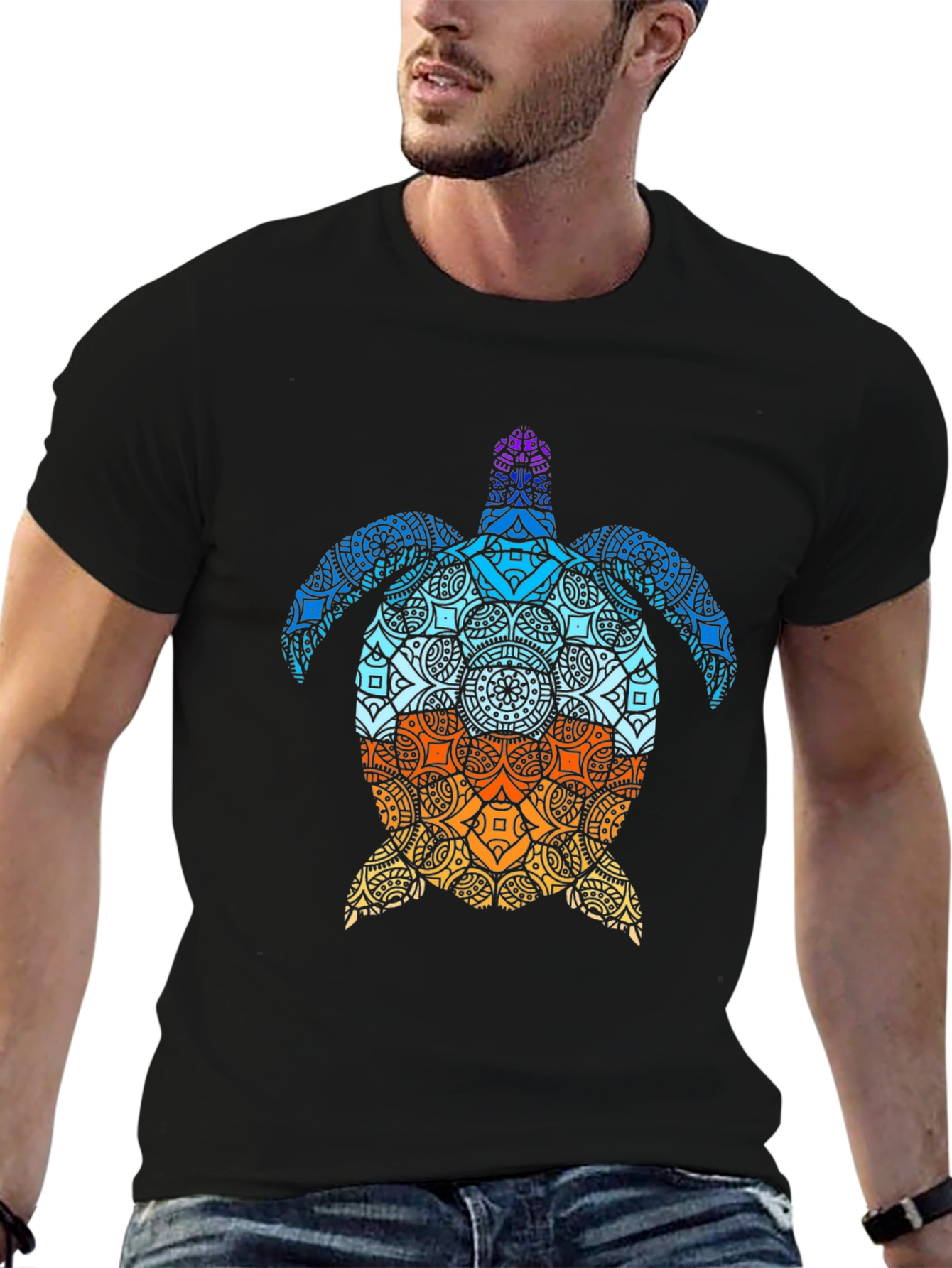 Black Turtle Mandala Graphic Tee - Black Cotton T-Shirt view 6