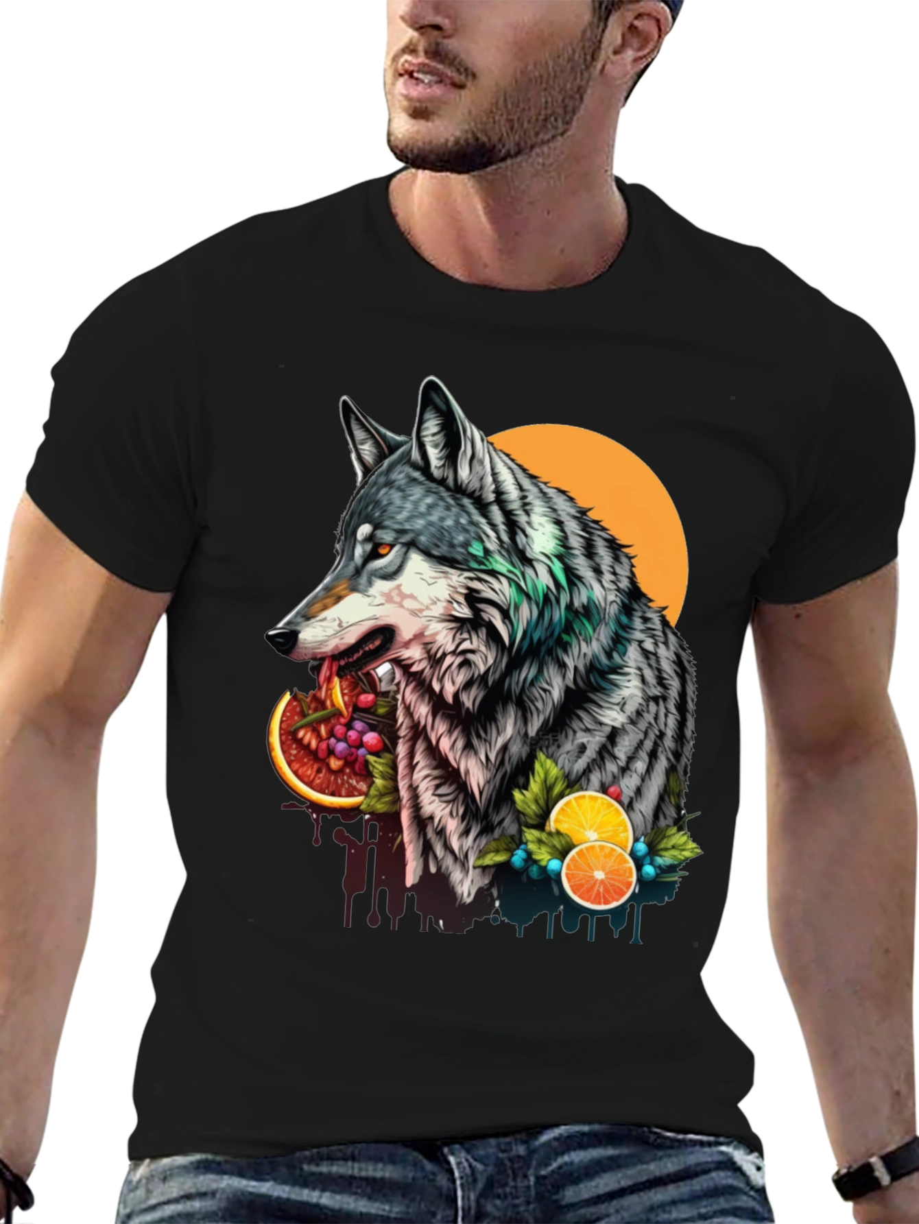 Black Wolf and Fruit Graphic Tee - Modern Streetwear Style view 6