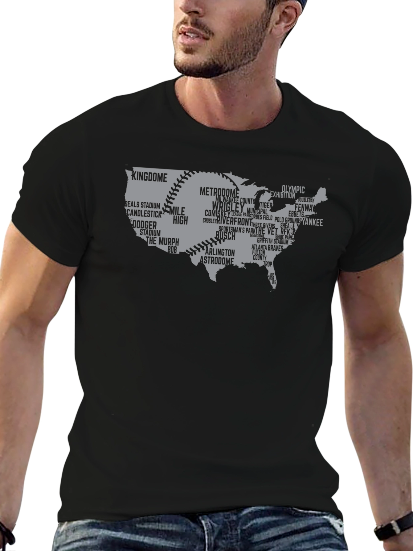 Black Baseball Stadium USA Map T-Shirt view 6
