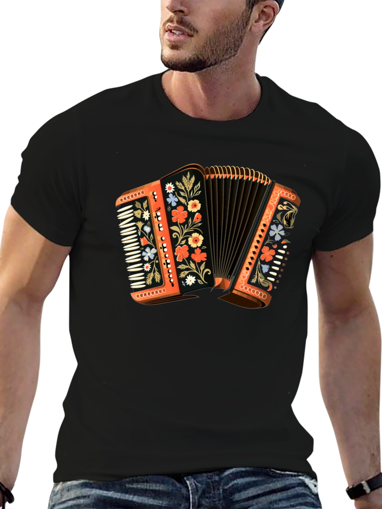Black Accordion Floral T-Shirt - Music Lover Gift view 6
