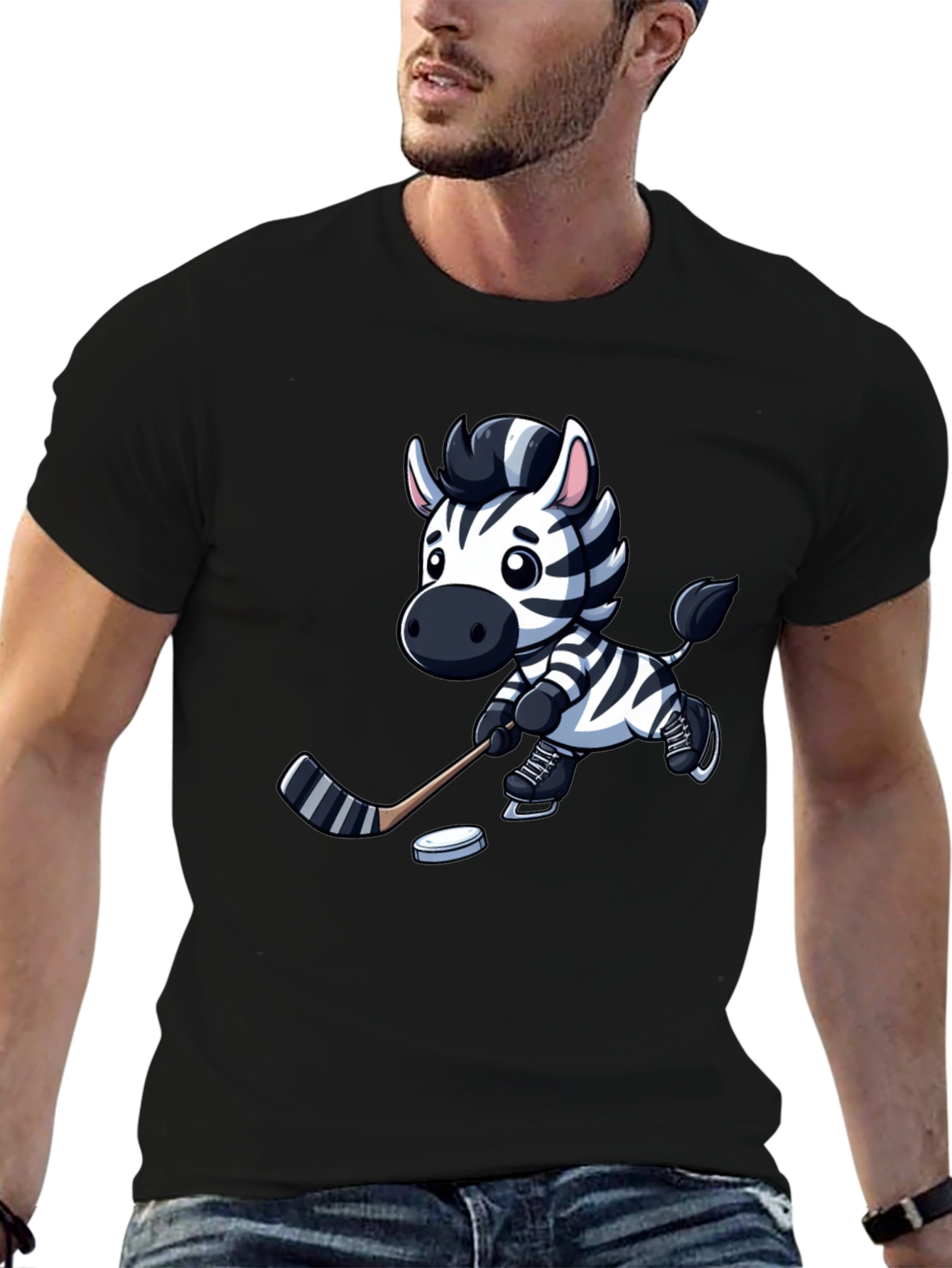 Black Zebra Hockey Player T-Shirt - Cool Cartoon Design view 6