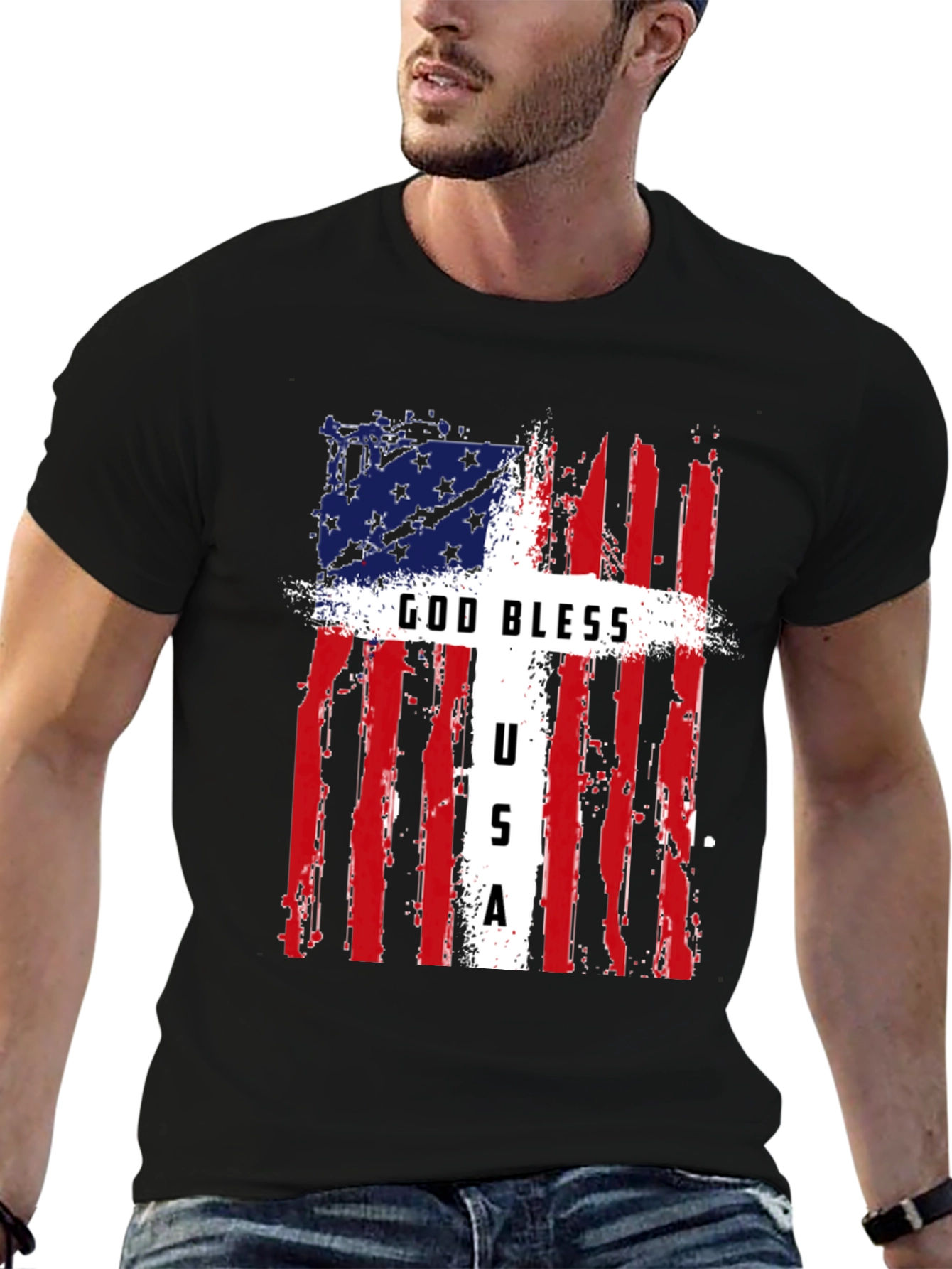Black God Bless USA Patriotic T-Shirt view 6