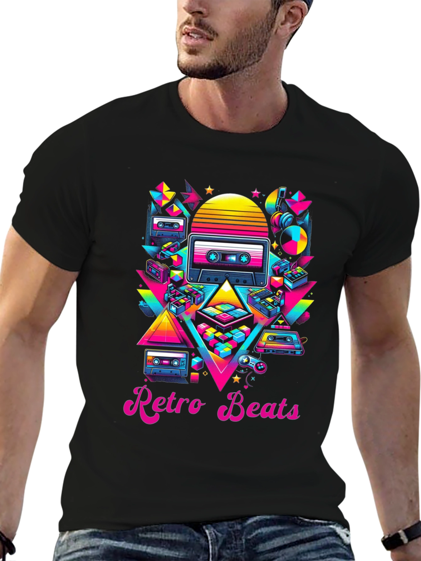 Black Retro Beats T-Shirt - 80s Music Style view 6