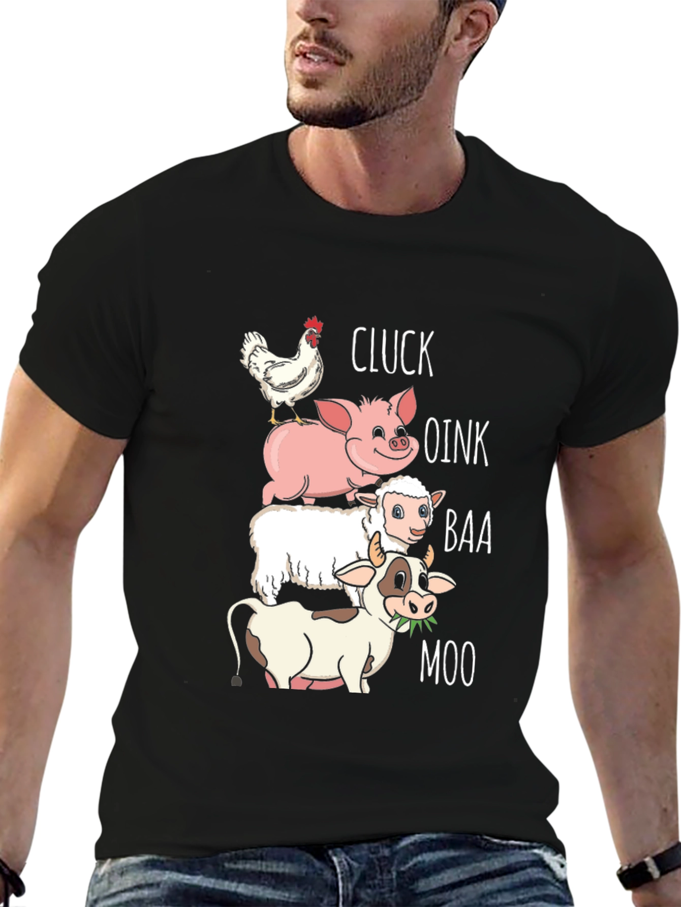 Black Farm Animal Sound Stack T-Shirt - Cluck, Oink, Baa, Moo view 6
