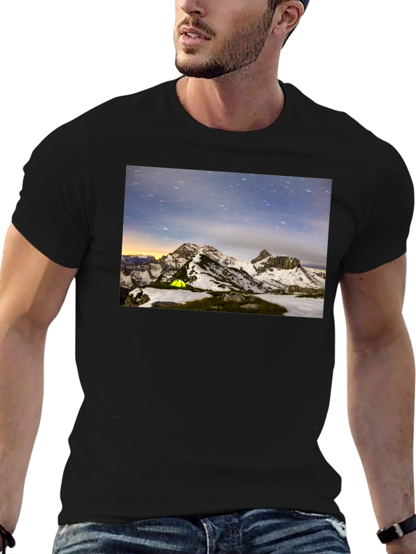 Black Mountain Starry Night Camping Black T-Shirt view 6