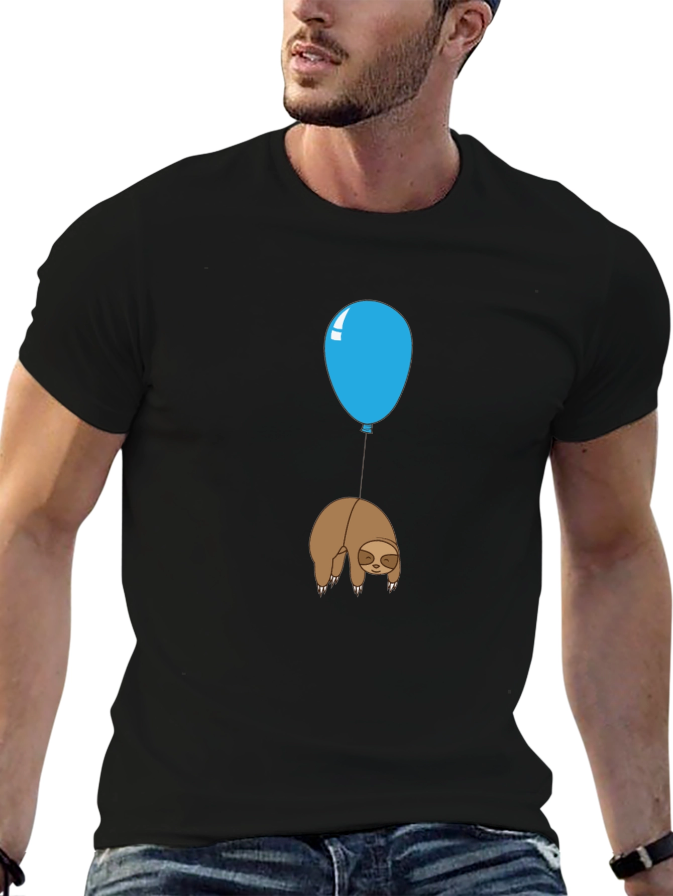 Black Sloth Balloon Graphic Tee - Relaxed Fit Cotton T-Shirt view 6