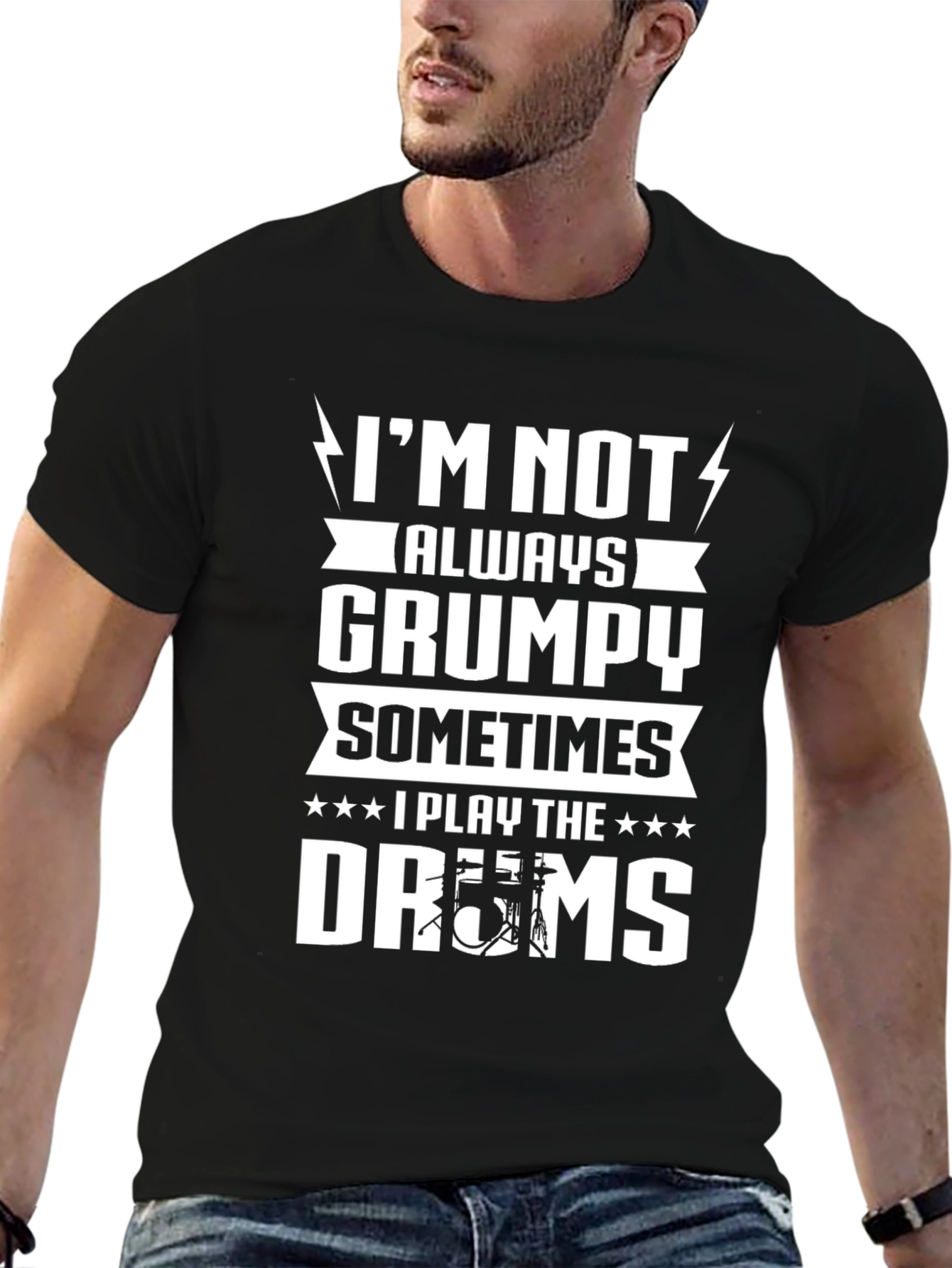 Black Grumpy Drummer T-Shirt - Play the Drums Sometimes view 6