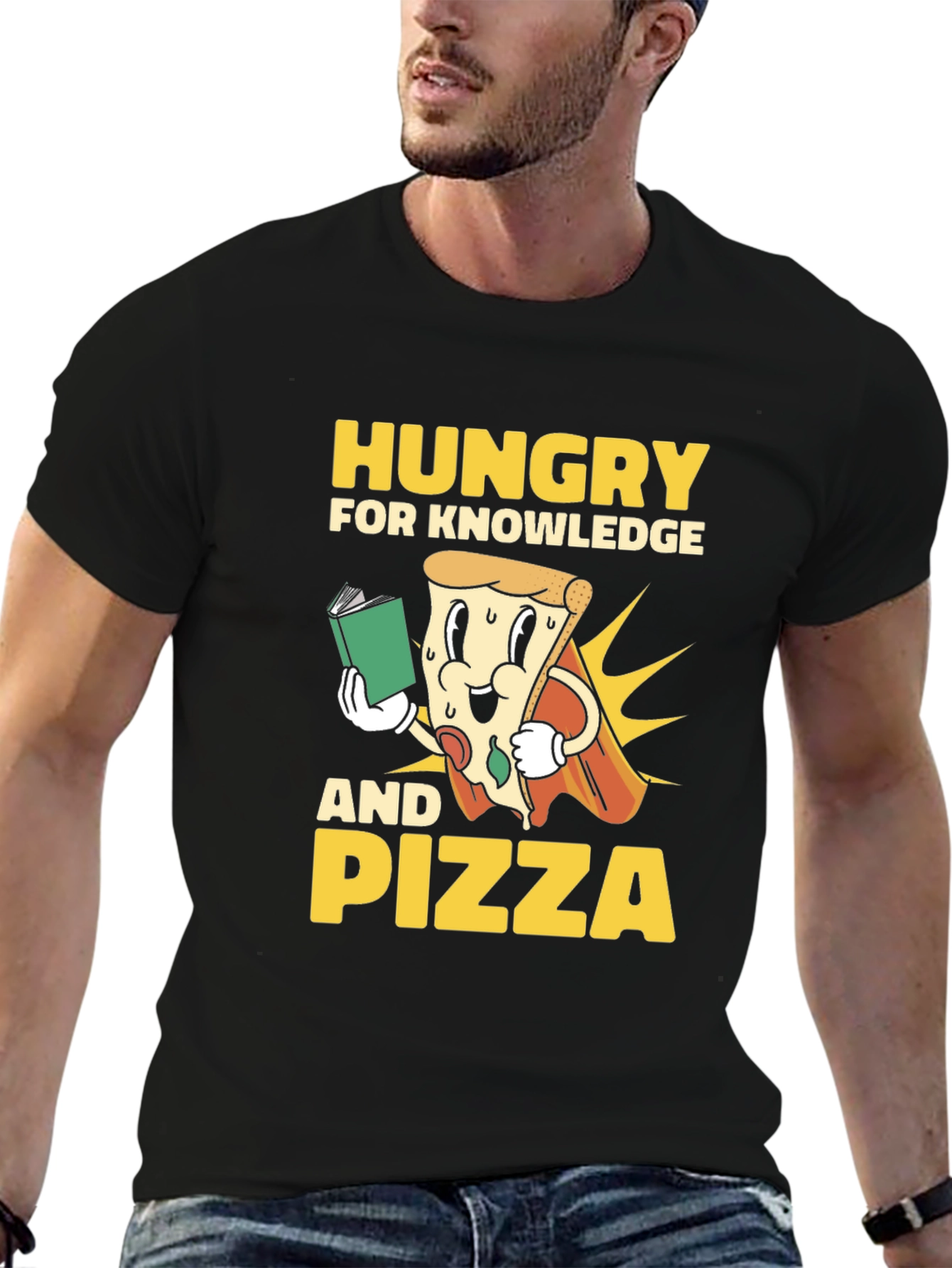 Black Hungry for Knowledge and Pizza T-Shirt view 6