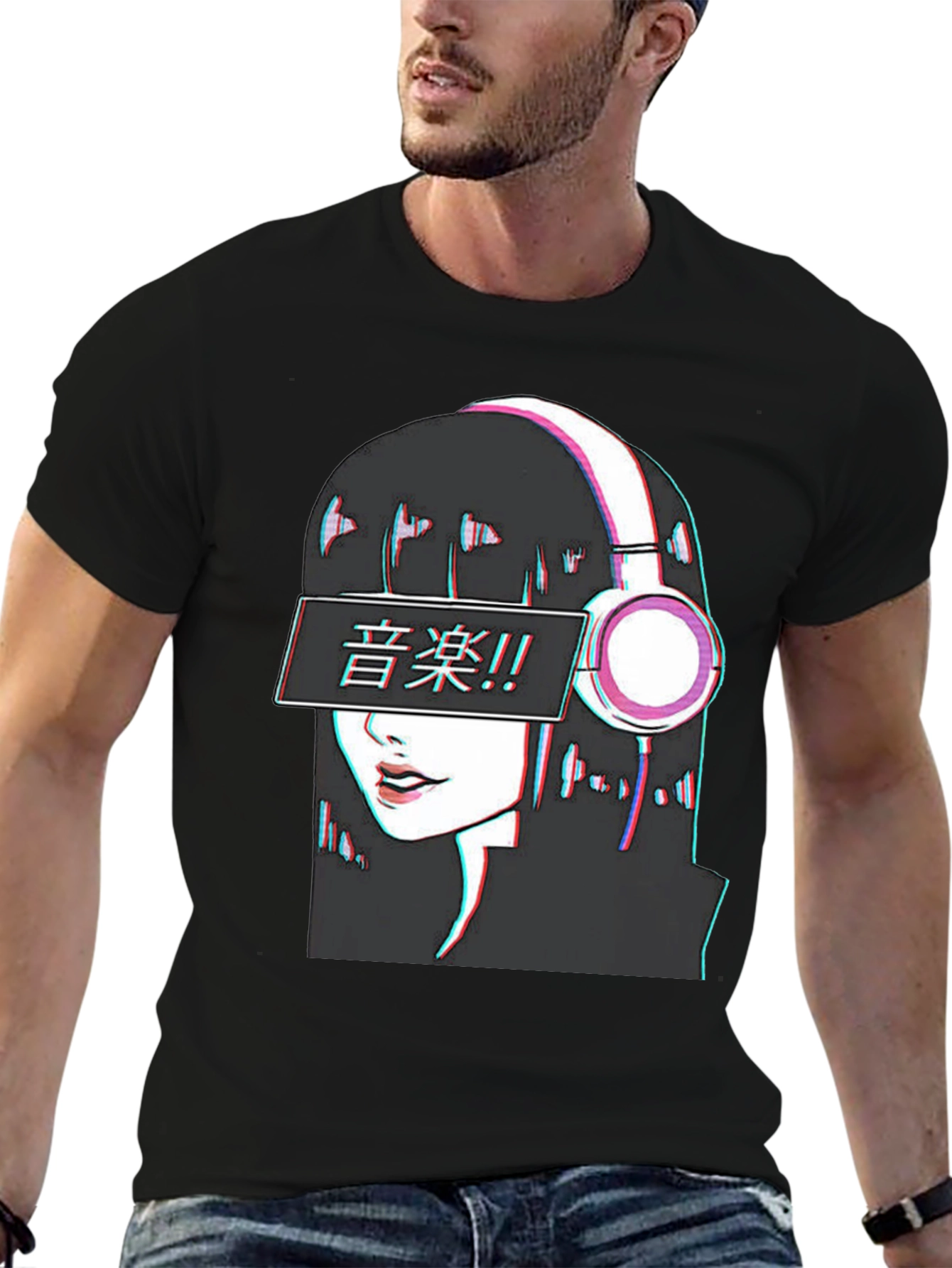 Black Anime Girl Music T-Shirt - Glitch Effect view 6